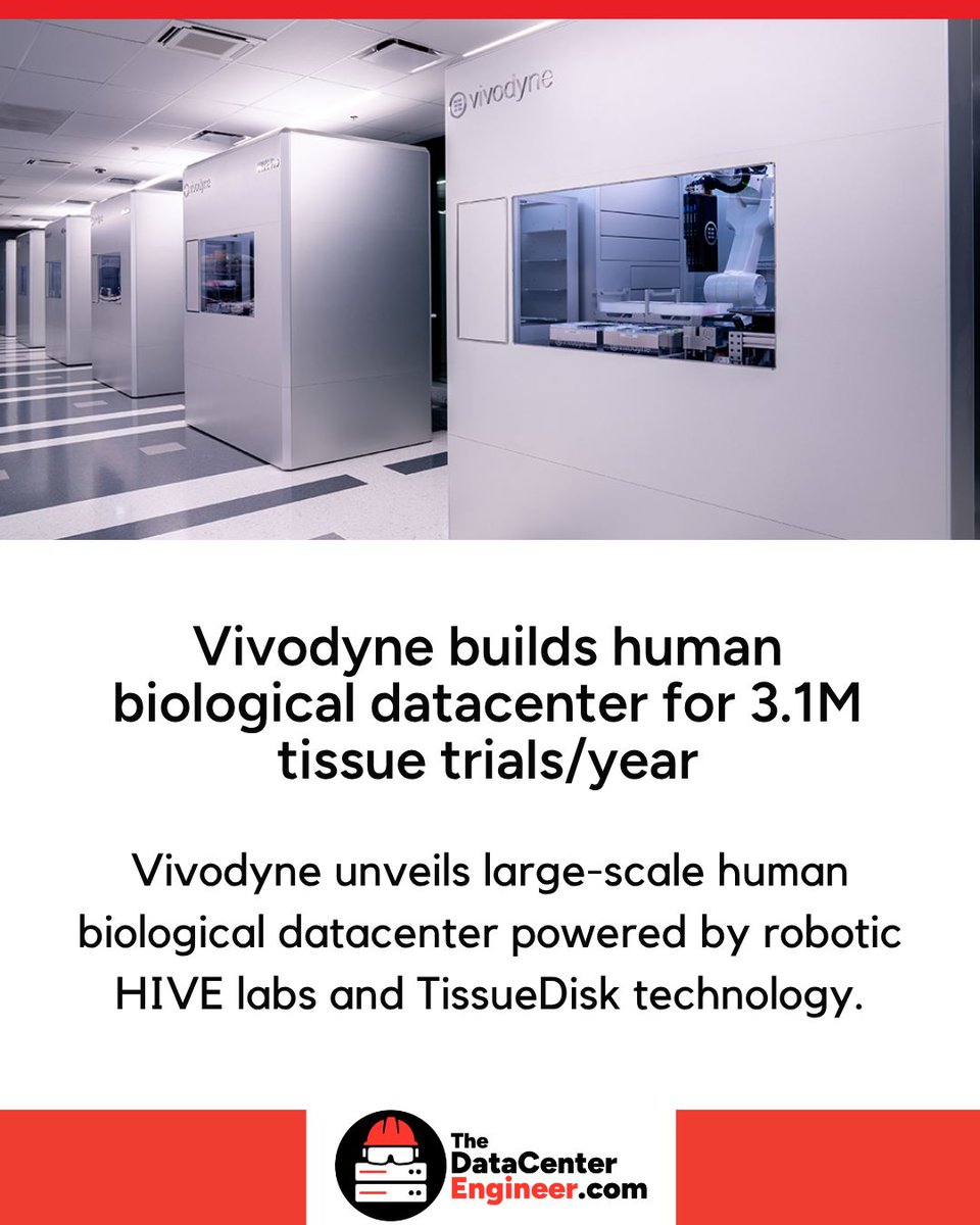 DataCenterEngnr's tweet photo. Vivodyne builds human biological datacenter for 3.1M tissue trials/year. More here: https://t.co/nr9udOyd0s

Vivodyne says it has built what it calls the world’s largest “human biological datacenter,” made up of 12 robotic HIVE laboratories with annual capacity for controlled trials on 3.1 million large human tissues. The company also introduced its Series 2 TissueDisk, a wafer-scale biological chip designed to grow hundreds of large, functional, living human tissues at the same time.

Vivodyne says TissueDisks are manufactured end-to-end on its own robotic production line, and that the disks run inside its robotic HIVE laboratories. Each lab is designed to operate automatically for weeks with unattended automation, covering cultivation, experimentation, and longitudinal data collection on tens of thousands of tissues at a time.
