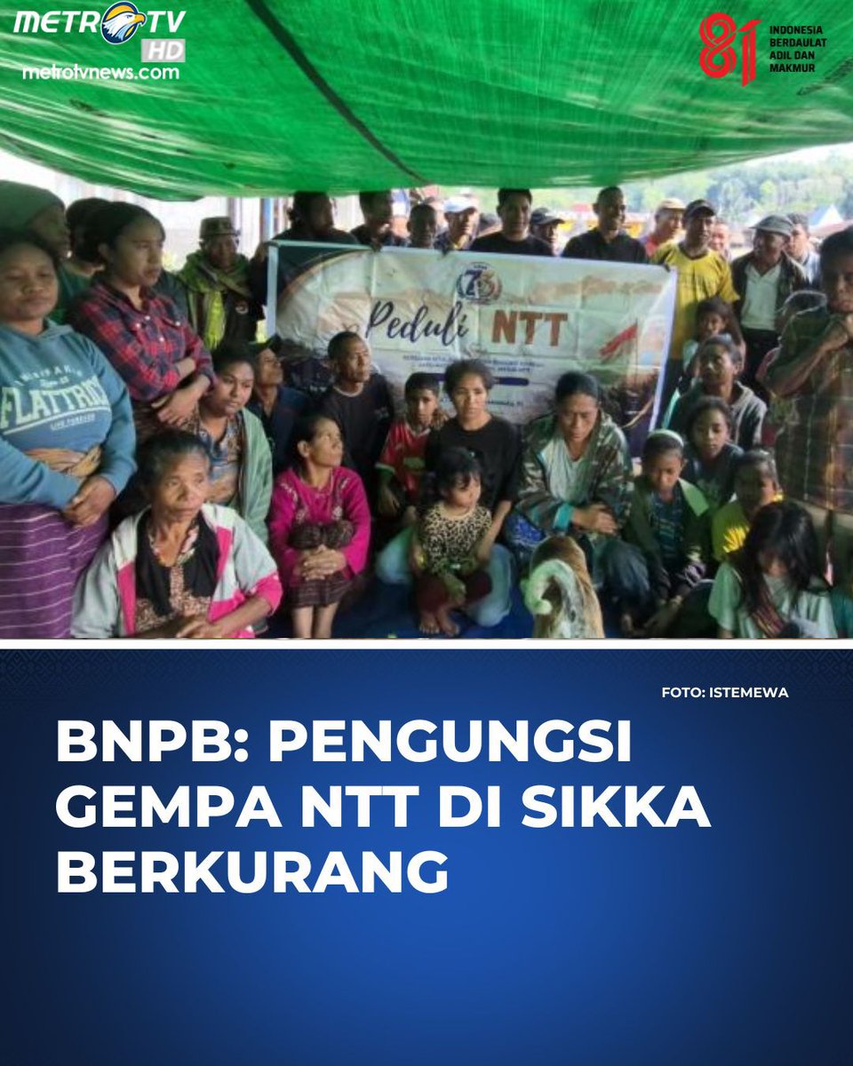 Metro_TV's tweet photo. Badan Nasional Penanggulangan Bencana (BNPB) melaporkan penurunan jumlah pengungsi secara signifikan di posko gempa Kabupaten Sikka, Nusa Tenggara Timur (NTT). Pelaksana Tugas (Plt) Kepala Pusat Data, Informasi, dan Komunikasi Kebencanaan BNPB Berton SP Panjaitan menyampaikan di Jakarta pada kamis (27/8/26) bahwa jumlah pengungsi di posko Sikka berkurang 2.439 jiwa dari total 10.708 orang pada hari sebelumnya, sehingga total keseluruhan pengungsi saat ini tercatat sebanyak 176.621 jiwa.

#bnpb #bertonpanjaitan #gempantt #kabupatensikka #penanggulanganbencana