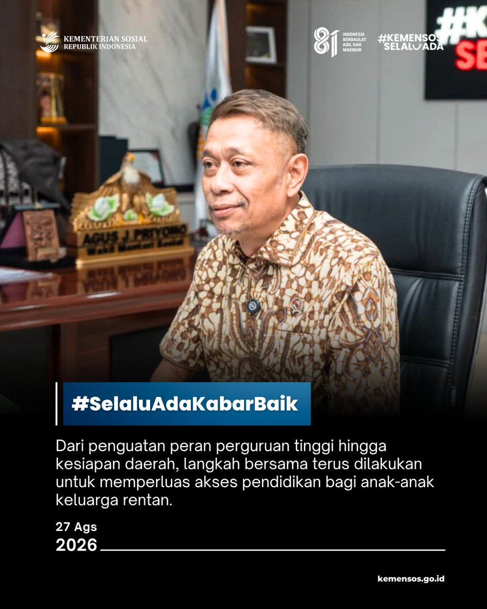 KemensosRI's tweet photo. Dari penguatan peran perguruan tinggi hingga kesiapan daerah, Kemensos memastikan langkah bersama terus dilakukan untuk memperluas akses pendidikan bagi anak-anak keluarga rentan.

Selengkapnya di #SelaluAdaKabarBaik edisi 27 Agustus. https://t.co/llgwlNFjKK