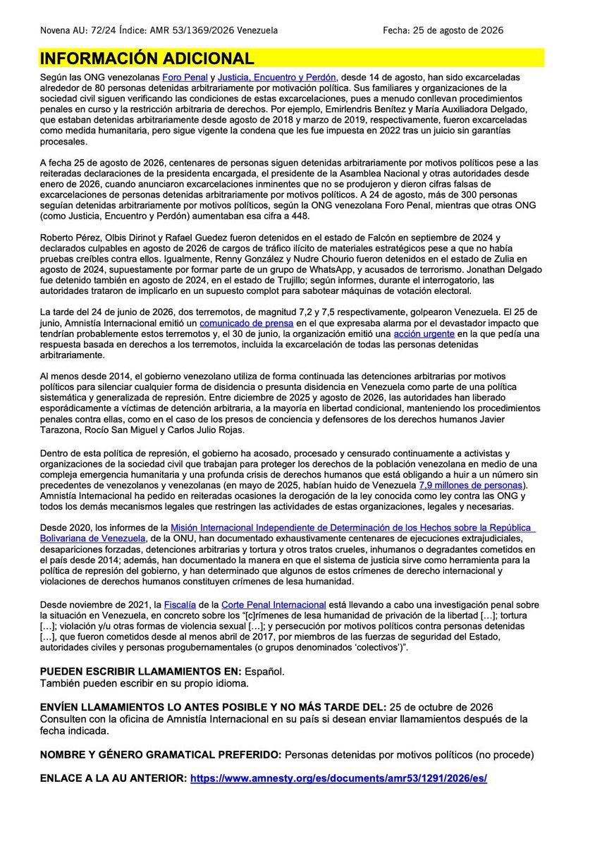 oveprisiones's tweet photo. .@amnistia emitió una nueva Acción Urgente en la que exige la liberación inmediata de todas las personas detenidas arbitrariamente en #Venezuela y advierte que las recientes excarcelaciones no significan necesariamente el fin de la persecución, puesto que muchas personas continúan sometidas a procesos penales y restricciones de derechos, mientras centenares permanecen tras las rejas.

La organización también pone el foco en una realidad que desde @oveprisiones hemos denunciado reiteradamente. Persiste la opacidad sobre las personas bajo custodia, la falta de atención médica y las denuncias de torturas, desaparición forzada y malos tratos. 

Además, resulta particularmente grave que la Acción Urgente mencione denuncias recientes sobre Rodeo I, en momentos en que las condiciones de reclusión y la salud de quienes permanecen allí continúan generando preocupación.

Las excarcelaciones son necesarias, pero no pueden administrarse como concesiones ni utilizarse para maquillar una política de detenciones arbitrarias. En ese sentido, una persona excarcelada que continúa sometida arbitrariamente a un proceso penal y a restricciones de sus derechos no ha recuperado plenamente su libertad.

Desde @oveprisiones reiteramos que la respuesta debe ser integral y garantizar la libertad de todas las personas detenidas arbitrariamente, garantías plenas para quienes han sido excarceladas, atención médica para quienes permanecen bajo custodia y acceso efectivo de los mecanismos internacionales de derechos humanos a los centros de reclusión.

Exigimos libertad plena para todos los presos políticos, sin más demoras ni excusas.