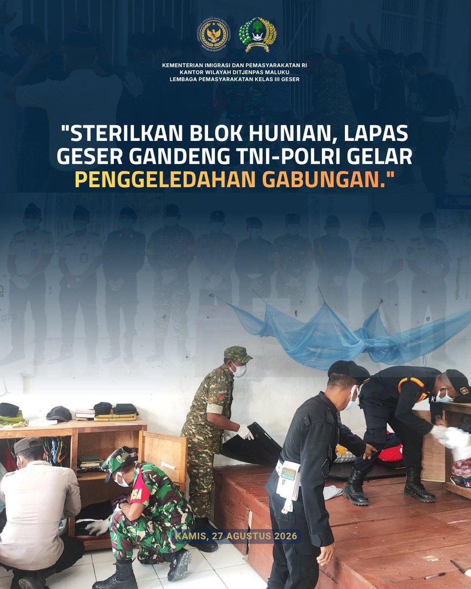 lapas_geser's tweet photo. Sterilkan Blok Hunian, Lapas Geser Gandeng TNI-Polri Gelar Penggeledahan Gabungan.

Selengkapnya kunjungi ⛓️‍💥👇🏻 
https://t.co/PTd9pbOQIX

#Kemenimipas
#ditjenpas
#kanwilditjenpasmaluku
#kakanwilditjenpasmaluku
#rickydwibiantoro
#arika https://t.co/BMQizjsdFT