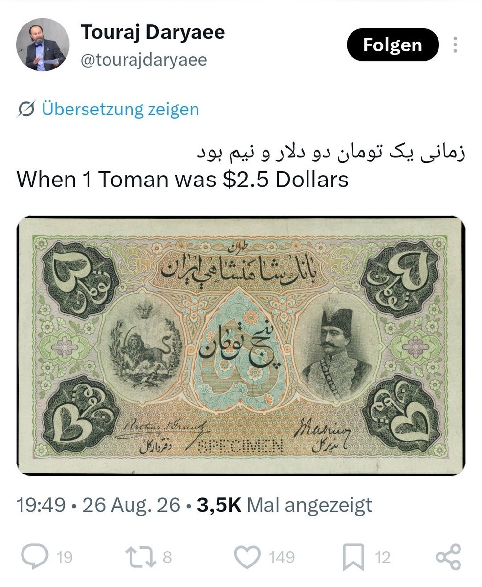 vahid__bahman's tweet photo. بچه‌ها این تورجه!!

بهش بگیم که آمریکا در قرن ۱۹ هنوز قدرت اول اقتصاد جهان نبود؟

و یا سیستم ارز مرجع جهانی هنوز وجود نداشت؟

و یا در آن دوران بهای ارز کشورها مثل امروز بر اساس تولید ناخالص داخلی، بهره‌وری، صادرات صنعتی یا قدرت خرید کلی تعیین نمی‌شد و معیار اصلی این بود که سکه‌های رسمی هر کشور چقدر فلز گرانبها، به‌خصوص طلا و نقره در ساختارش دارد؟

و یا در زمان مظفرالدین میرزا، ۱ دلار برابر با ۱ تومان و هر پوند استرلینگ بریتانیا برابر با ۵ تومان بود؟

فکر کنم خودش می‌دونه اما چه کنیم که مبتلا به سندروم شارلاتانیسمه

#پاينده_ایران
#جاویدشاه