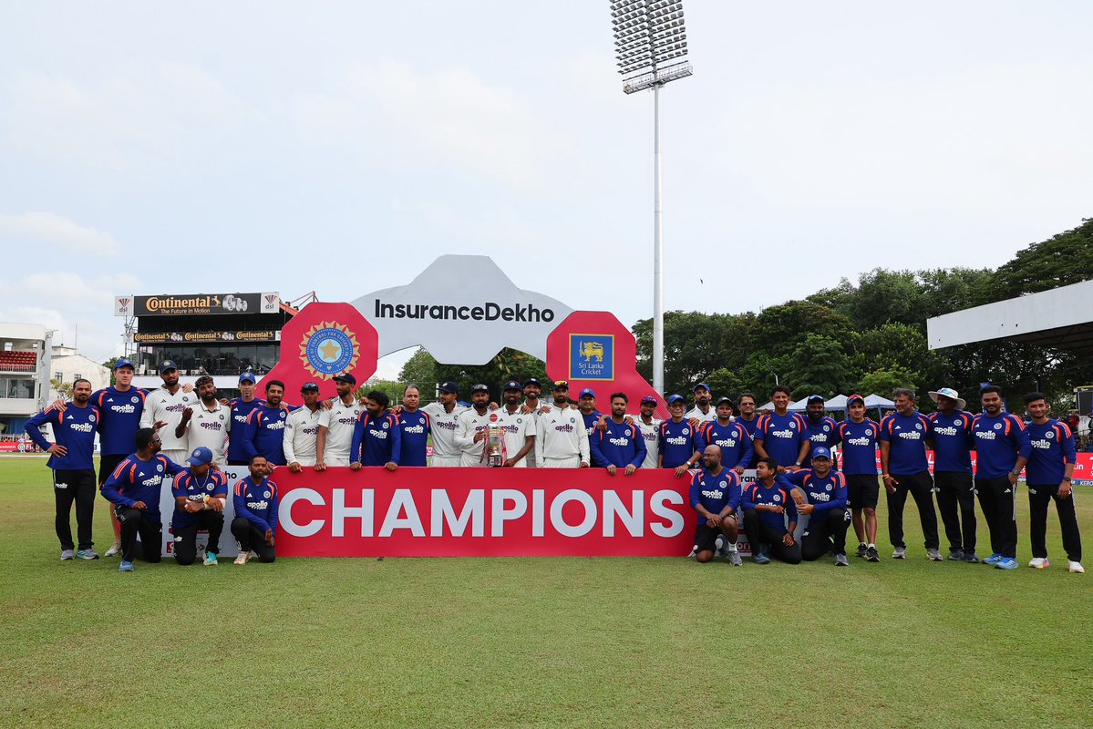 RishabhPant17's tweet photo. The bumps, the banter, the belief and five days of fighting for every run, every wicket and every moment. We would have loved the 2–0, but the Lankan batters showed incredible fight to make us work for it. Champions. 🏆🇮🇳 #RP17 https://t.co/vQizH9cow3