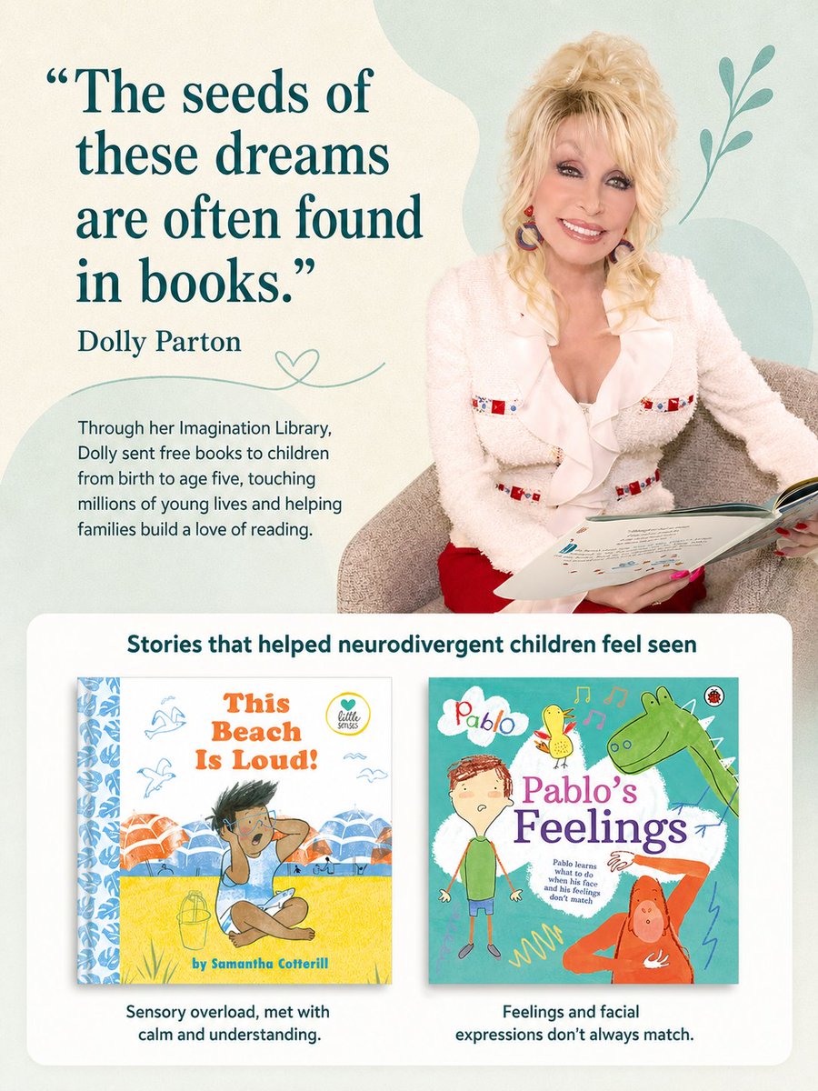 AngelSenseGPS's tweet photo. Thank you, Dolly, for helping generations of children learn, dream and feel seen. 💛

Today, we remember Dolly Parton, not only for the music she gave the world, but also for the millions of children whose lives she touched through books.

Through Dolly Parton’s Imagination Library, children received a free book every month from birth to age five, helping families build home libraries and nurturing a love of reading from the very beginning.

Among the books selected for its collections were stories with special meaning for neurodivergent children and their families.

This Beach Is Loud! by Samantha Cotterill offers a thoughtful portrayal of sensory overload and the comfort that patience, understanding and the right support can provide.

Pablo’s Feelings, officially credited to Pablo and published by Ladybird, follows an autistic child whose facial expression does not always reflect what he is feeling inside. Created from the groundbreaking Pablo series, it helps autistic children feel represented while encouraging greater understanding from others.

These are just two examples of how Dolly’s belief in the power of books helped more children recognize themselves in the stories they received.

@dollyparton @dollyslibrary