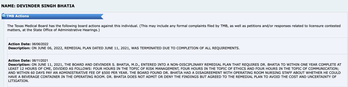 MaryBowdenMD's tweet photo. Two members of the Texas Medical Board (17%) have been disciplined by their own board. 

Houston cardiothoracic surgeon Dr. Devinder Bhatia allegedly assaulted an OR nurse who refused to let him bring coffee into the operating room.  She sued him, and he settled. 

Only 0.07% of Texas physicians have been disciplined by the Board.