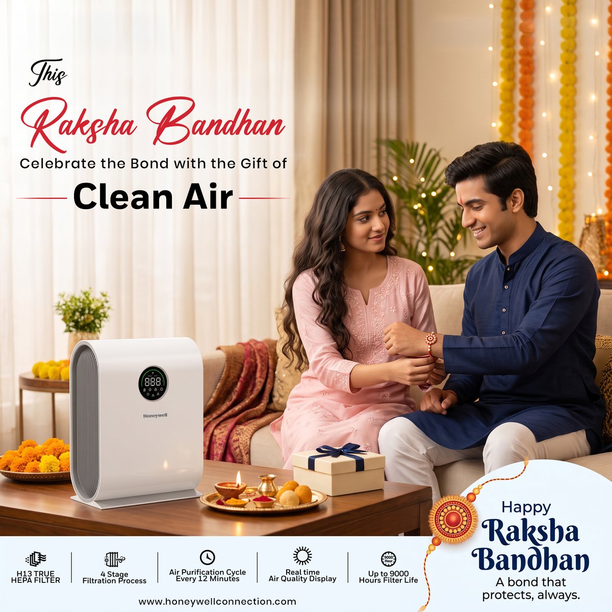_HW_Connection's tweet photo. This Raksha Bandhan, celebrate the bond that always protects. ❤️

Gift your loved ones the comfort of cleaner air—because the best gifts are the ones that show you care, with every breath. 🌿✨

Here’s to cleaner spaces, happier moments, and a bond that protects, always.

Happy Raksha Bandhan! 🪔❤️

#secureconnection #happyrakshabandhan