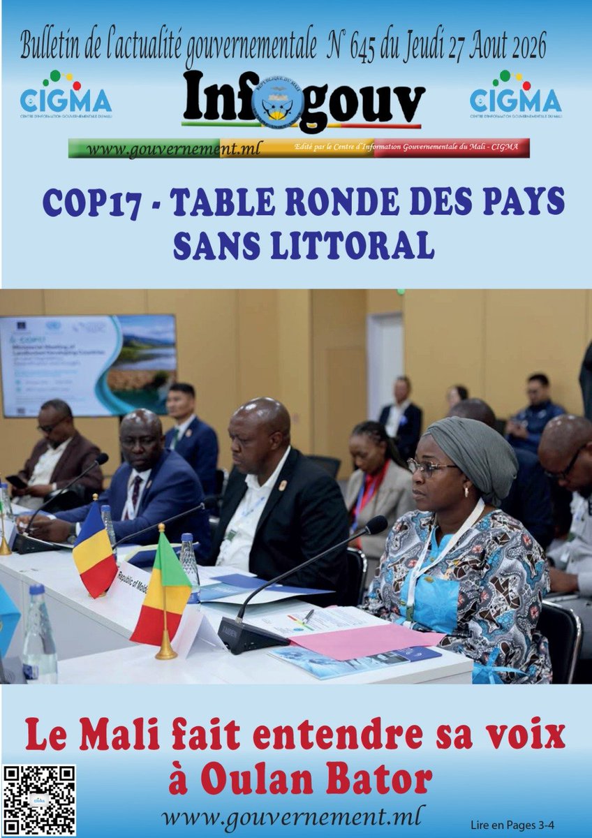 Gouvernememali's tweet photo. #CIGMA #INFO #INFO_GOUV
La Une de votre bulletin quotidien de l'actualité gouvernementale du jeudi 27 août 2026.
À lire sur https://t.co/cWtWcS5Vdi
#CIGMA https://t.co/QJJZirqrjn
