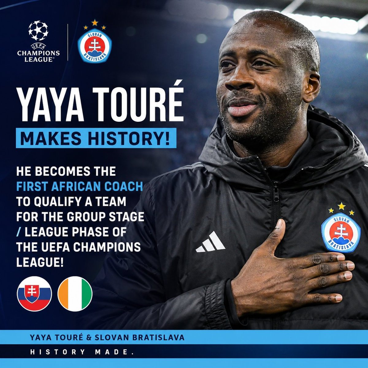 Blogger685's tweet photo. Yaya Touré is making African football history! 🇨🇮🔥

The former Man City legend has become the FIRST African coach to lead a club into the UEFA Champions League league phase with Slovan Bratislava. 🇸🇰🏆

What an achievement! 👏 https://t.co/sieQjzdBYb