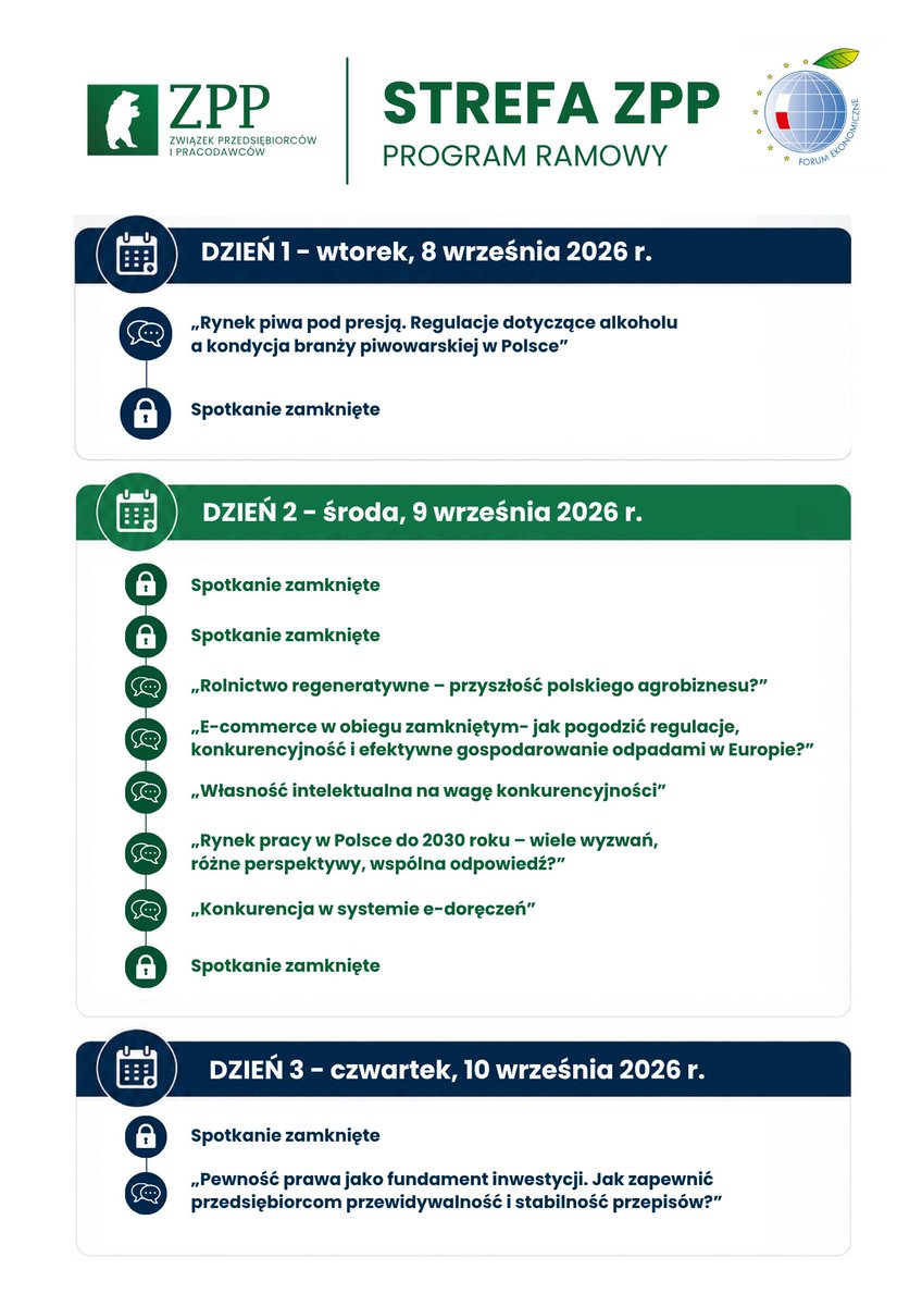 ZPPnetpl's tweet photo. 📣 Przedstawiamy ramowy program Strefy ZPP podczas XXXV Forum Ekonomicznego w Karpaczu!

Przed nami trzy dni merytorycznych paneli, spotkań i rozmów o najważniejszych wyzwaniach dla polskiego biznesu i gospodarki. W Strefie ZPP porozmawiamy https://t.co/J9wAwqkYAI. o rynku pracy, regulacjach, konkurencyjności, nowych technologiach i wyzwaniach stojących przed poszczególnymi branżami.

🤝 Nasza strefa to jednak nie tylko panele. Chcemy stworzyć przestrzeń, w której po części oficjalnej będzie można zostać na dłużej – porozmawiać, spotkać się i nawiązać nowe kontakty w mniej formalnej atmosferze.

Na miejscu będą czekać
🌭hot dogi,
🍺 piwo,
☕ kawa,
🥤 napoje
i przede wszystkim – dobre rozmowy i networking!

📍 Strefa ZPP | XXXV Forum Ekonomiczne w Karpaczu
📅 8–10 września 2026

Szczegóły programu znajdziecie na grafice. Widzimy się w Strefie ZPP! 💚 Do zobaczenia w Karpaczu!

Partnerzy Strefy ZPP: @Allegro_Group @Bayer  @BrowaryPolskie @BATplc @Edenred Avia @unimot_sa