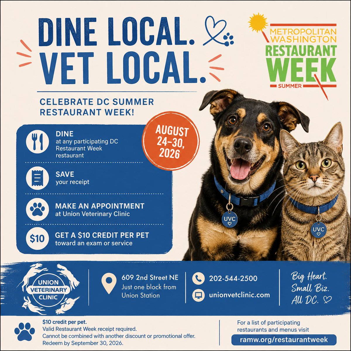 SmallBizDC's tweet photo. Dine Local. Vet Local. 🐾

During DC Summer Restaurant Week (Aug 24–30), bring your receipt to Union Veterinary Clinic to get a $10 credit per pet toward an exam or service. 

Support local restaurants and an independent DC veterinary clinic all in one go! https://t.co/jC9NCwceGe