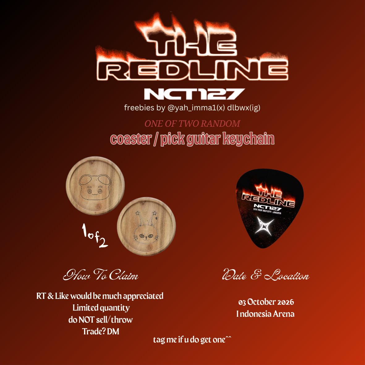 yah_imma1's tweet photo. NCT 127 <THE REDLINE> in Jakarta FREEBIES
by @yah_imma1

📍  Indonesia Arena
📆  03 OCTOBER 26
🕛  tba

Limited Quantity
trade? DM [Limited Slot]

RT &amp; Likes would be much appreciated
PLEASE do NOT sell and throw

see you 💚

#NCT127 #NCT127_5TH_NEOCITY_THE_REDLINE_IN_JAKARTA https://t.co/LlvSpy4e8e