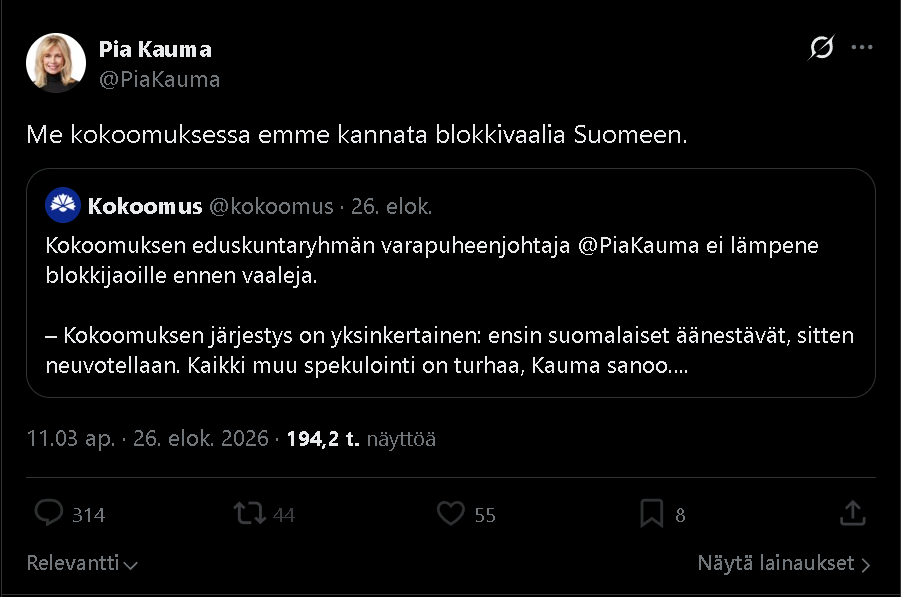 brorhjalmar's tweet photo. Pia Kauman kommentilla on 194 000 näyttökertaa ja 55 tykkäystä. Kokoomuksen kommentilla on 133 000 näyttöä ja 34 tykkäystä.

Ymmärrättekö te siellä Kokoomuksessa, että tämä on teille paljon pahempi mainehaitta, kuin yksikään vinosilmäele tulee koskaan olemaan Perussuomalaisille? https://t.co/Vsa1aV7u20