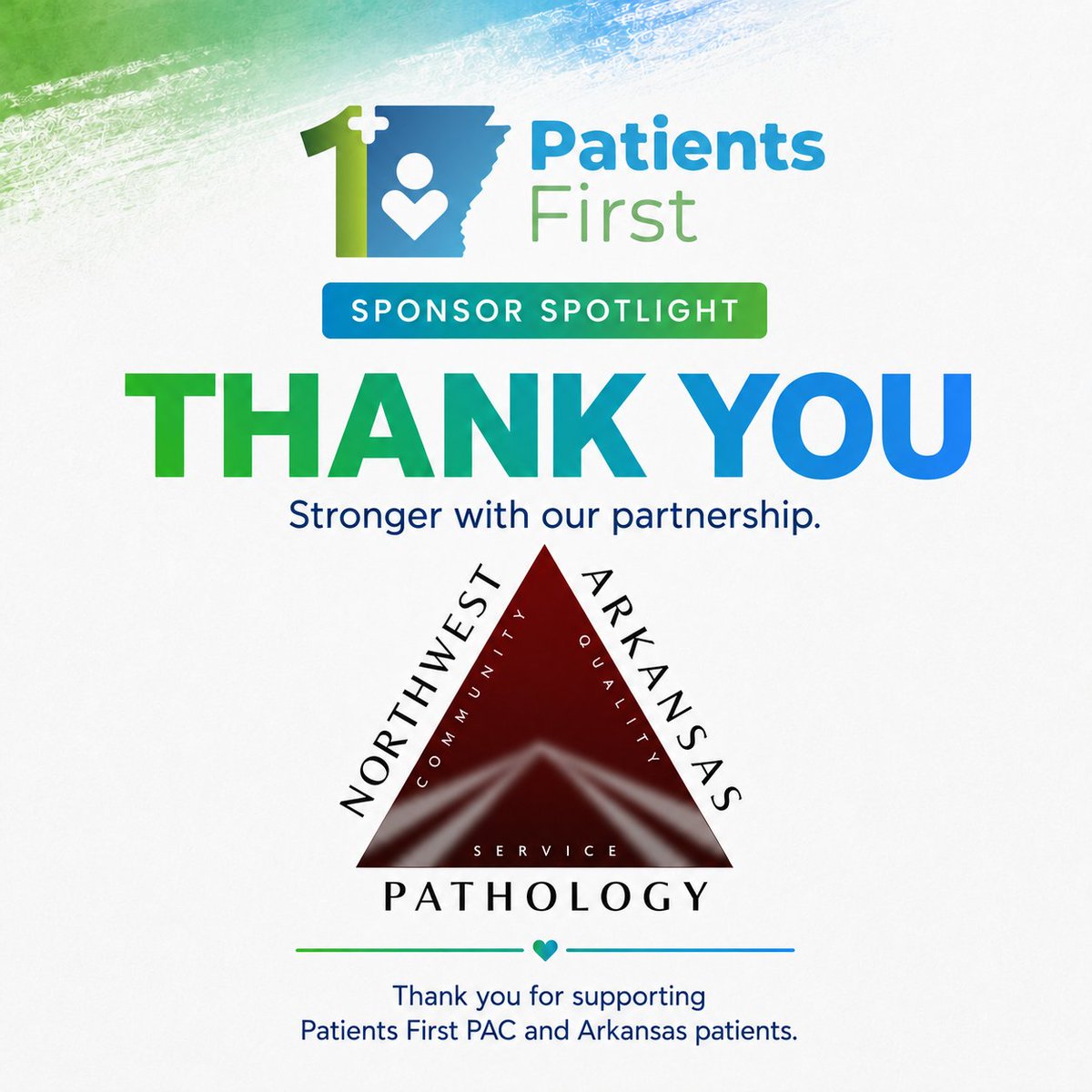 PatientsFirstAR's tweet photo. We are grateful to recognize Northwest Arkansas Pathology Associates as a Diamond Sponsor of Patients First PAC.

Their team provides important pathology services to Northwest Arkansas and surrounding communities. We appreciate their commitment to quality care and their support of our work for Arkansas patients.

Learn more: https://t.co/uI8W1VCnau

#PatientsFirstPAC #SponsorSpotlight #NWAPathology #Pathology #NorthwestArkansas #ArkansasHealthcare #PatientsOverProfits #ThankYouSponsors