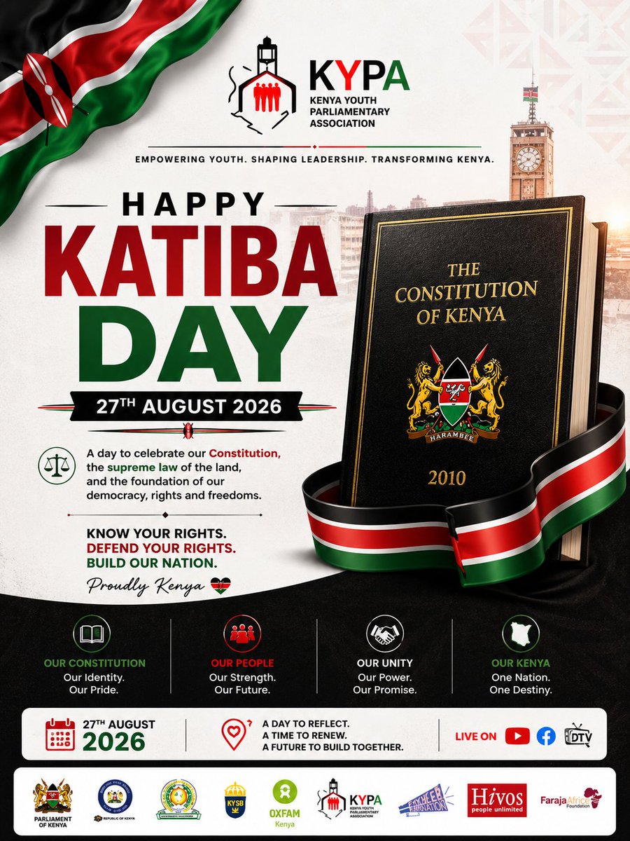YoungMPsKenya's tweet photo. Today, KYPA celebrates the Constitution of Kenya (2010)โour foundation for rights, freedom, democracy and unity.
Our Constitution. Our Responsibility. Our Kenya. ๐ฐ๐ช
#KatibaDay #KYPA #YouthLeadership #Kenya https://t.co/upDVbOgkLK