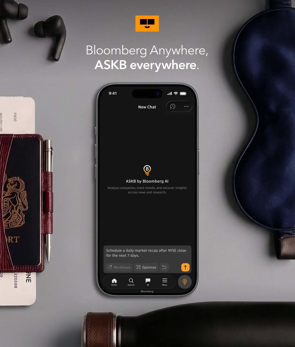TheTerminal's tweet photo. ASKB, now in your pocket. 

Build your morning brief, dig into breaking news or prep for your next meeting, all in natural language. 

From your desk to the gym to the gate, stay in the know on the go.

Explore our AI solutions on the Bloomberg Terminal. 💡 https://t.co/P3tueKlMxk
