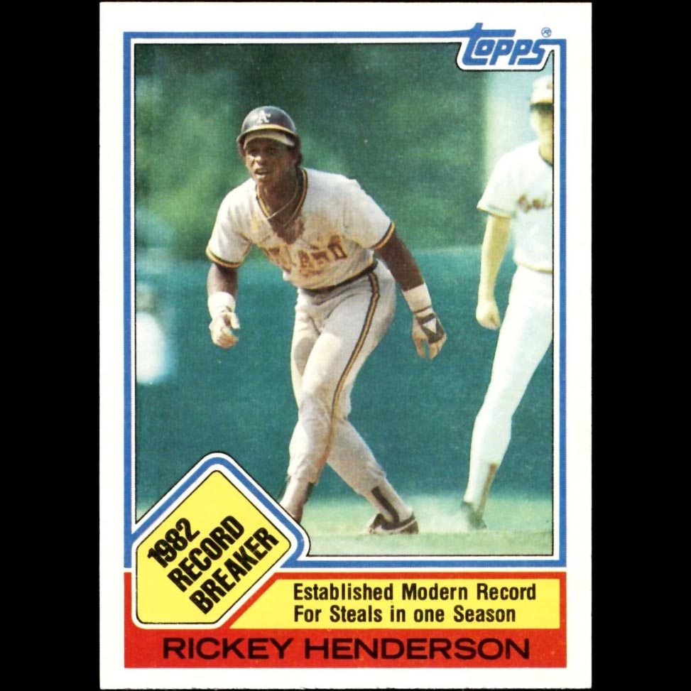 RepackedWax's tweet photo. On Aug. 27, 1982, Rickey Henderson stole No. 119, breaking Lou Brock’s MLB record - even after Milwaukee called for a pitchout. He finished the night with 122 and the season with 130. His 1983 Topps Record Breaker captured the moment. #RickeyHenderson #BaseballCards #RepackedWax https://t.co/kpJoB5bBKv