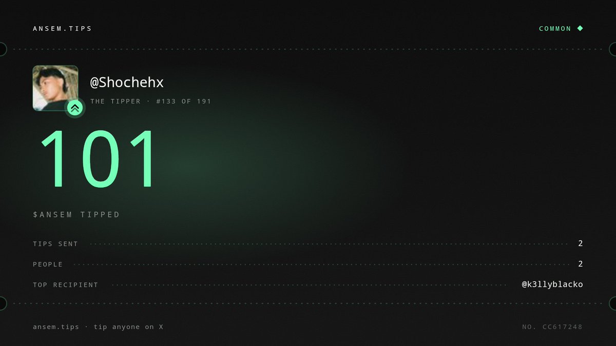 Shochehx's tweet photo. I've tipped 101 $ANSEM to 2 people on X. 🐂
#133 of 191 tippers.

Tip anyone on X. Just reply.
https://t.co/LiyNTprxlG https://t.co/MrA5Lvu962