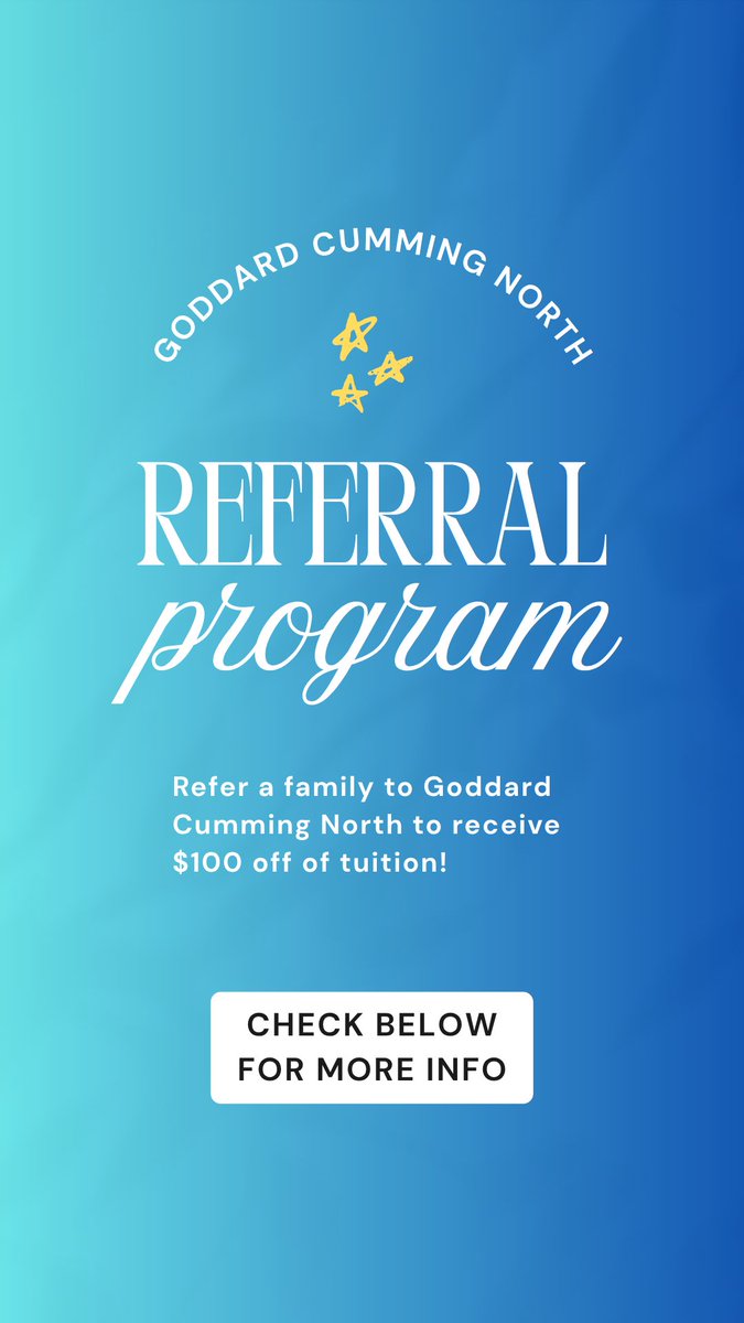 CummingNorth's tweet photo. INTRODUCING Goddard Cumming North's NEW Referral Program!

Refer a family to Goddard Cumming North for a one-time $100 discount after 90 days of new enrollment. We would love for you to help grow our Goddard Cumming North community together, one child at a time! https://t.co/ii6JAzoNIu