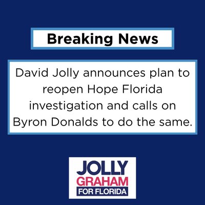 davidjollyfl's tweet photo. A bombshell report from CBS Miami revealed a Grand Jury found the DeSantis administration led a “sophisticated scheme to fund political activities” with $10 million in taxpayer money meant for children’s health care.

It’s clear from the Grand Jury report that our current Governor, Attorney General, and U.S. Senator laundered state medicaid funds through the First Lady's non-profit. Instead of those funds providing healthcare services for Florida’s most vulnerable, they were used for the Governor's political purposes. 

The Grand Jury report demonstrates the scheme was highly orchestrated, intended to mislead, and deliberately covered up. 

In return, everyone involved was then appointed or promoted by the Governor to positions of greater authority to further insulate anyone from accountability and hide the truth from Floridians. In fact, the Grand Jury acknowledged that the level of sophistication and lack of cooperation is what hindered their ability to recommend charges. 

As Governor, I intend to reopen an investigation into the laundering of state Medicaid funds. And I challenge Byron Donalds to do the same.