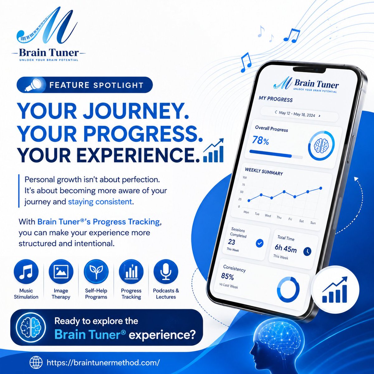 BrainTuneMethod's tweet photo. 📊 Your Journey. Your Progress.

Personal growth isn't about perfection—it's about consistency and awareness.

Brain Tuner® offers:

🎵 Music Stimulation
🖼️ Image Therapy
📊 Progress Tracking

Explore your wellness journey.

🌐 https://t.co/HWr7KTc3ka

#BrainWellness #Mindfulness https://t.co/iZ1SYtvgN3