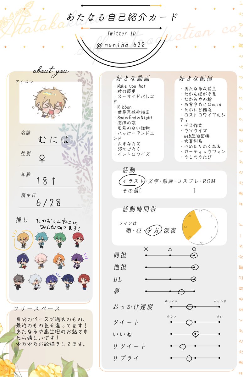 muniha_628's tweet photo. #あたたかくなる自己紹介カード
#あたなるクラスタさんと繋がりたい 

受験期にハマったが故に動かせてなかった垢を動かすぞ！という気持ちです‼️是非お話しできるお友達ください！
気になった方お迎え行きます🙌🏻 https://t.co/bySzB9aFcQ