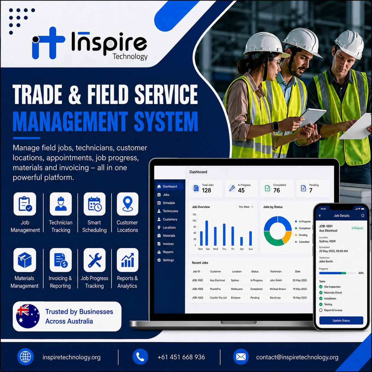 InspireTechWTNW's tweet photo. 🔧 Simplify Your Field Operations

Manage jobs, technicians, scheduling, materials &amp; invoicing—all in one smart platform.

🇦🇺 Built for Australian businesses.

🌐 https://t.co/GczLPKZbok 
 📞 +61 451 668 936 https://t.co/R84DwK0A09
