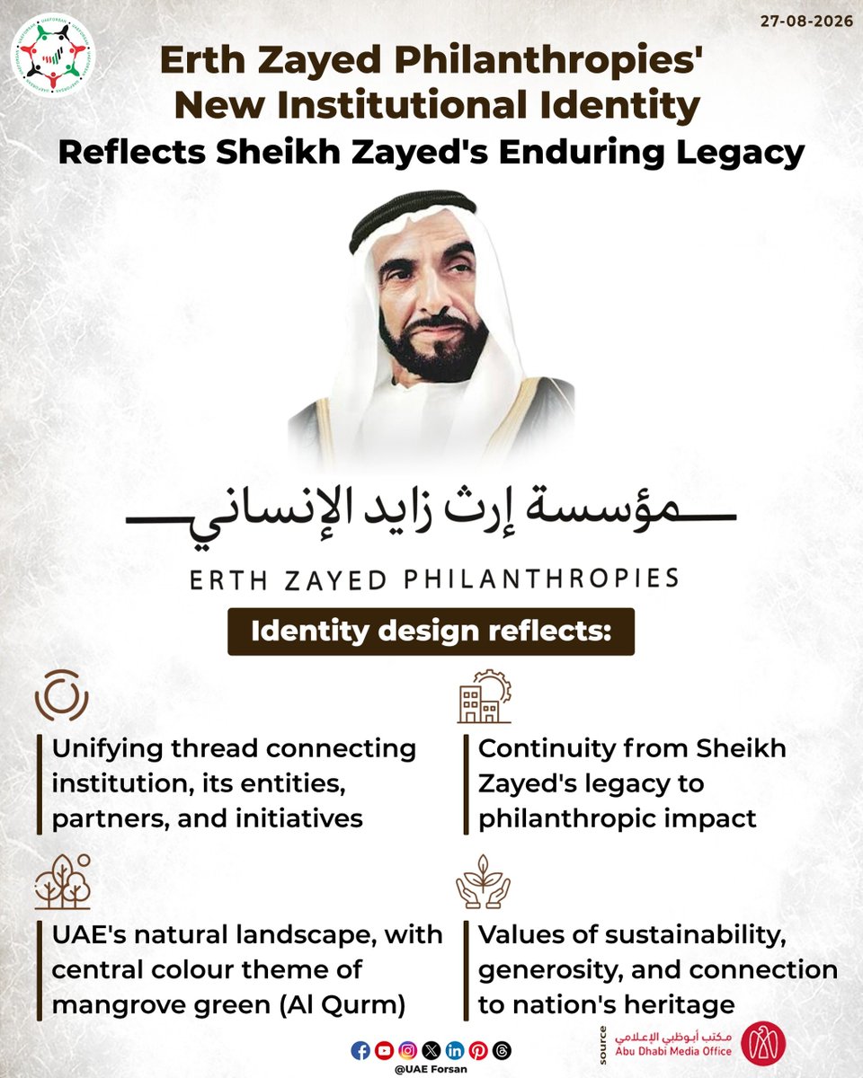 UAE_Forsan's tweet photo. Erth Zayed Philanthropies' New Institutional Identity Reflects Sheikh Zayed's Enduring Legacy
#UAE #AbuDhabi #ErthZayed
@ADMediaOffice https://t.co/ccBfzY74iz