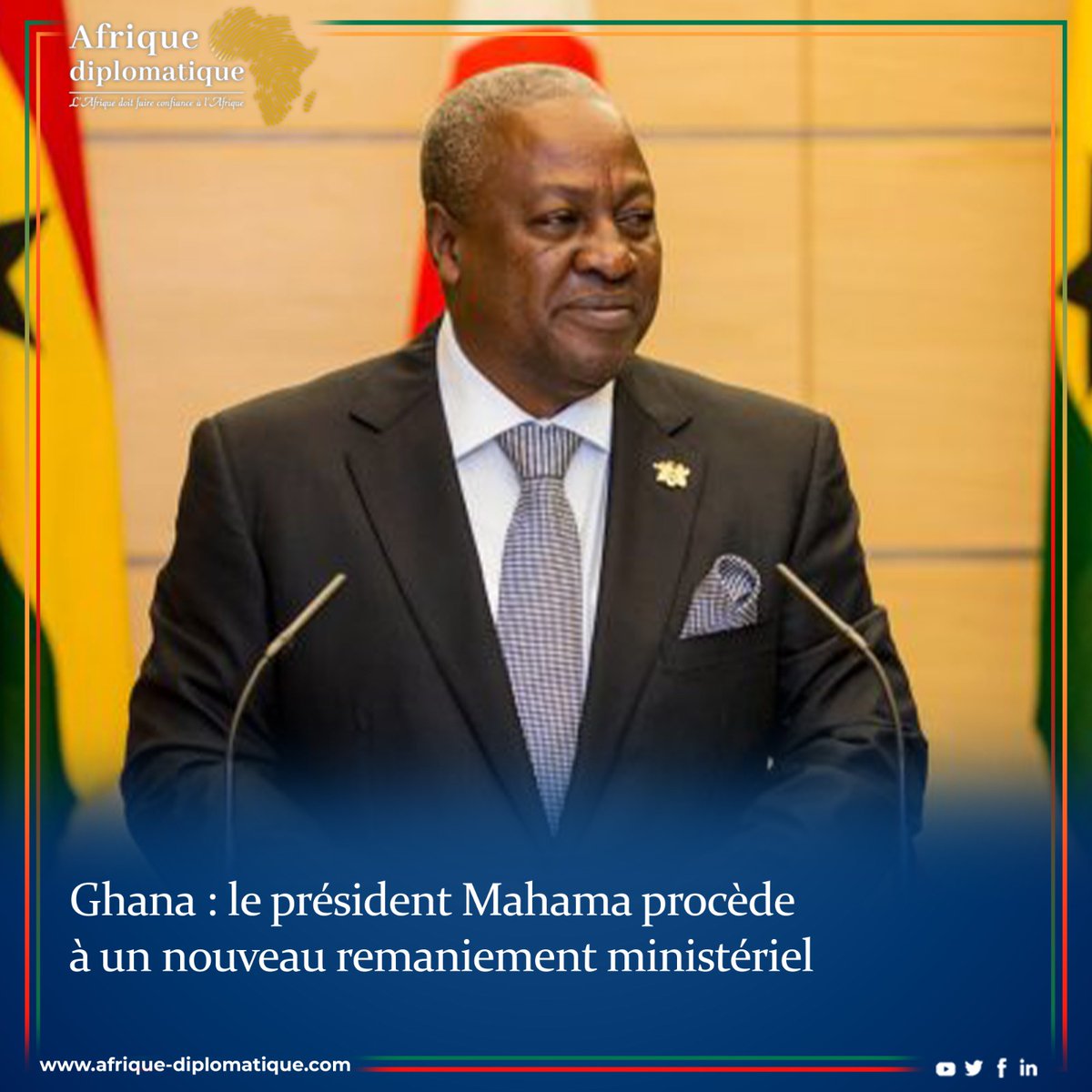 AFRIQUEDIPLOMAT's tweet photo. Le président ghanéen, John Dramani Mahama, a procédé à un nouveau remaniement ministériel au sein de son gouvernement, avec la réaffectation de deux ministres et du vice-ministre de la Défense.

https://t.co/x2qqvpOwt6

#afriquediplomatique https://t.co/66109vVrw5