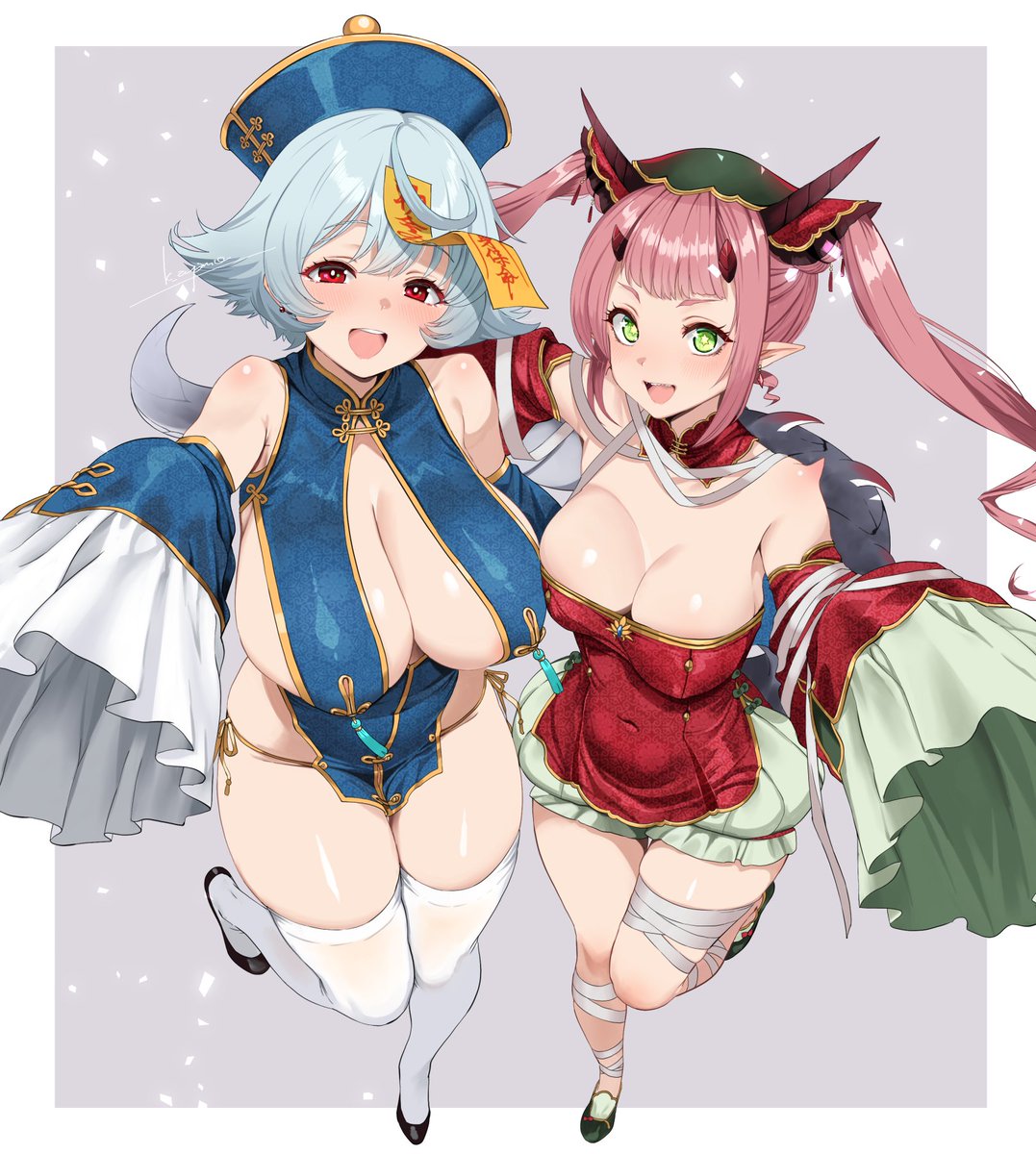 k_ayamo's tweet photo. 推し絵師てろる(@terror_siri)さんのOC龍華ちゃんと、以前えっちなキョンシーしたうちのこが見たいと言っていただいたので、あわせで描かせて頂きました！ https://t.co/p8z11WWKpB