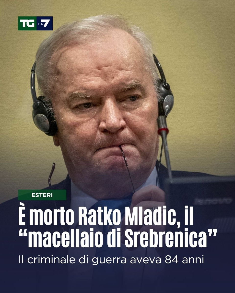TgLa7's tweet photo. È morto Ratko Mladic, il “macellaio di Srebrenica”: il criminale di guerra aveva 84 anni
👉 https://t.co/Q278wYNstQ https://t.co/YPMBwLzmuZ