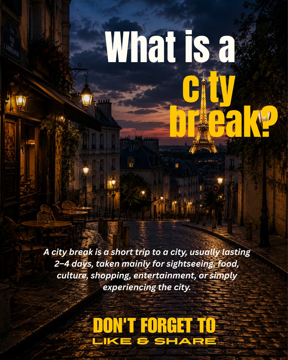 traveloflights's tweet photo. ✈️ What exactly is a city break?

Simple: a short escape to a new city—usually for a few days—to explore, eat, wander &amp; make memories. 🌍🏙️

Friday flight. Weekend adventure. Monday memories.

💬 Which city would you pick?

https://t.co/ZuTQtACPQj

#CityBreak #Travel #Wanderlust https://t.co/GJL5PVZwBL