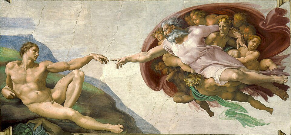 Adam_FaithfulM's tweet photo. Four hundred million people have this image on their phone, a mug, or a T-shirt.

Almost none of them have noticed what's wrong with Adam's hand.

Look at the two arms.

God is horizontal. Launched. Every tendon in His arm at full stretch, hair and mantle blown back by His own speed, angels straining under the weight of carrying Him because He is the one moving. He has crossed the entire sky to get to this moment. His finger is extended as far as a finger goes.

Now Adam.

Draped on a hillside. Propped on one elbow. Leaning back. His arm isn't reaching; it's resting on his own knee. The wrist is slack. The finger droops.

The Creator of the universe is straining like a man reaching for someone going over a cliff.

And the man can't be bothered to straighten one finger.

Michelangelo painted that on purpose. And he painted it in agony, four years on scaffolding under that ceiling, head cranked back, paint dripping into his beard. He hated it enough to write a poem about it, complaining that his spine had bent like a bow and he could no longer read a letter without holding it above his head.

Four years of that. To say one thing:

You did not climb to God. God dove to you.

Every religion on earth is a ladder. Purify yourself, discipline yourself, ascend. Michelangelo put the opposite on the ceiling of the most important church in the world: man reclining, barely participating, and God closing the distance at speed.

Genesis 2:7. And the LORD God formed man of the dust of the ground, and breathed into his nostrils the breath of life; and man became a living soul.

God breathed. Adam received. That's the whole transaction. Adam contributed the dust.

Now look under God's left arm.

There's a woman tucked against His side. His arm is wrapped around her. And she isn't watching the miracle; she's looking past God's shoulder, straight at Adam.

The oldest reading says that's Eve.

Not yet created. Not yet formed. Already held. Already watching the man she'll be given to, from inside the embrace of God, because she existed in His mind before she existed in the world.

Jeremiah 1:5. Before I formed thee in the belly I knew thee.

Ephesians 1:4. He hath chosen us in him before the foundation of the world.

You were in that mantle once before your parents met, before anything.

And about that mantle, in 1990, a physician named Frank Meshberger was studying the fresco and published something that made art historians sit down. Trace the outline of the crimson cloak, the angels, the whole swirling mass around God.

It matches a cross-section of the human brain. The fissures. The lobes. The stem.

Michelangelo dissected corpses. He knew human anatomy better than most surgeons of his century. Whether he hid it there deliberately is argued to this day, but if he did, the sermon is staggering: God isn't just handing Adam a heartbeat. He's giving him a mind. The image of God. The capacity to know his Maker.

So God has crossed the sky. Arm at full extension. Nothing left to give. He has closed all the distance that can be closed from His side.

And the fingers don't touch.

Michelangelo froze them apart forever. A half-inch of empty plaster carrying more weight than the rest of the ceiling combined.

Because look whose finger has slack left in it.

Not God's.

Adam could close that gap by straightening one knuckle. One. The remaining distance is his, the smallest movement in the painting, and the only one God will not make for him.

That half-inch is free will. God will cross a universe. He will not cross your consent.

But here's what the ceiling can't show you, because it happened fifteen centuries after Genesis and Michelangelo painted the before.

The touch happens.

God's hand and human flesh finally meet not above the clouds, but in Bethlehem, when the hand that flung the stars became a hand small enough to grab Mary's finger. God stopped reaching across the gap and stepped into it. Took a body. Took a hand.

And when that hand was finally stretched out as far as human arms go, extended like the arm on the ceiling, full reach, nothing held back.

We nailed it there.

That's where the two fingers meet. At the cross. God at full stretch and man at his worst, touching at last through an iron spike.

And three days later that hand was moving again. Folding grave clothes. Cooking breakfast. Offering its scars to a doubter.

It's still extended. The ceiling is still true. He has done all the reaching, crossed all the sky, closed all the distance that love can close without your permission.

The last half-inch has always been yours.

Lift your hand.