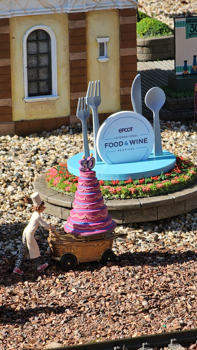 DrewDisneyDude's tweet photo. Miniature Food &amp; Wine booths, including Linguini with a massive 30th cake, have been added to EPCOT’s Germany Train Garden. Incredible. 👏 https://t.co/JCbqWwU7mj