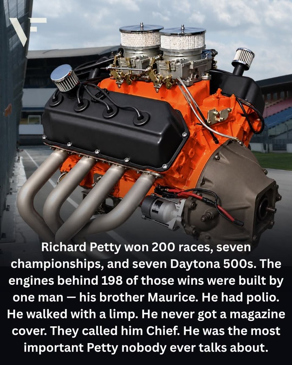 j98264912's tweet photo. That engine was built in a cinder-block shop in Level Cross, North Carolina, a tiny town where the Petty family turned a modest garage into one of the most successful racing operations in American motorsport.

Maurice Petty, born March 27, 1939, was the younger brother of Richard Petty and the son of three-time NASCAR champion Lee Petty. He never earned an engineering degree or attended a formal technical school. Instead, he learned the trade the old-fashioned way: watching his father tear engines apart after races, studying every component, and putting them back together before the next weekend.

His classroom was that family shop. His teachers were his father, his brother, years of racing, and thousands of hours spent testing engines on the dynamometer. Perfection wasn't a goal in the Petty garage. It was the expectation.

And Maurice became extraordinarily good at it.

His engines powered 212 credited NASCAR victories, including 198 of Richard Petty's 200 NASCAR Cup Series wins. They powered all seven of Richard's championships and all seven of his Daytona 500 victories. During Richard's legendary 1967 season, when he won an astonishing 27 races in just 48 starts, Maurice was building the engines that made that domination possible.

Other drivers benefited from his work as well, including Buddy Baker, Jim Paschal and Pete Hamilton. Together, the Petty family operation became one of the most formidable forces in NASCAR history. Lee Petty founded the team. Richard drove the cars. Dale Inman became famous for building and preparing the chassis. Maurice made sure there was enough power under the hood to win.

Maurice's own childhood presented another challenge. He contracted polio, survived the disease, but was left with a permanent limp and occasional tremors in his hands. Those same hands would later build and tune some of the most successful racing engines ever produced.

When Chrysler introduced the legendary 426 Hemi, Maurice helped transform the factory engine into a dominant NASCAR weapon. His approach was intensely hands-on. He relied on testing, experience, intuition and knowledge accumulated through countless race weekends rather than a team of university-trained engineers.

The results spoke for themselves.

At the 1964 Daytona 500, the 426 Hemi made its NASCAR debut and immediately demonstrated what it could do. Richard Petty led 184 of the race's 200 laps and took the victory, launching one of the most dominant eras in Petty Enterprises history.

Behind that victory was an engine assembled in the same philosophy that defined Maurice Petty's entire career: build it carefully, test it relentlessly, and never assume it is good enough.

For more than three decades, Maurice worked largely away from the spotlight. Richard became the King of NASCAR, the recognizable face in the famous cowboy hat. Maurice was usually the man behind the garage doors, surrounded by engines, tools and test equipment.

But his contribution was impossible to hide from the record books.

He became the most successful engine builder in NASCAR history, powering more victories than any other individual engine builder. His work helped turn the Petty family from a racing family into an American motorsport dynasty.

And perhaps that's what makes the photograph so remarkable.

The engine represents far more than horsepower. It represents a man who never needed a prestigious engineering degree, a massive corporate laboratory or a modern research facility to become the best in his field.

He had a small shop, a dynamometer, a racing family, and an obsession with getting every detail right.

Maurice Petty died in 2020 at the age of 81, but the engines he built remain part of NASCAR history.

The Petty name became famous because Richard Petty drove the cars.

But behind many of those victories was Maurice Petty, working quietly in a small North Carolina garage, building the engines that made history possible.