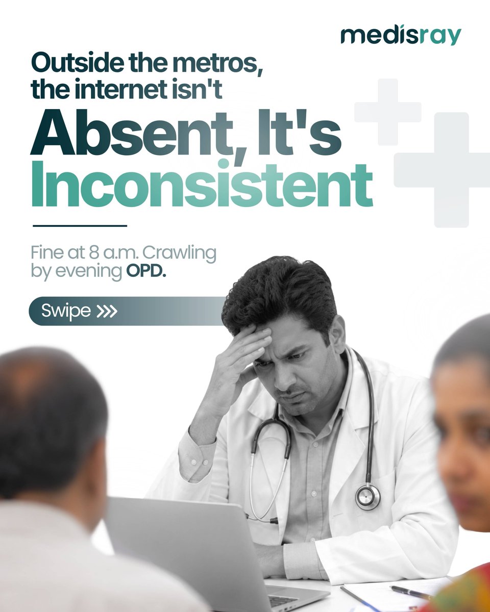 MedisRay's tweet photo. Outside the metros, the internet isn't absent. It's inconsistent.

Fine in the morning, crawling by evening OPD.

So what happens to your clinic software when the connection drops mid-consultation?

Swipe 👇 https://t.co/C0fQF8PQpy