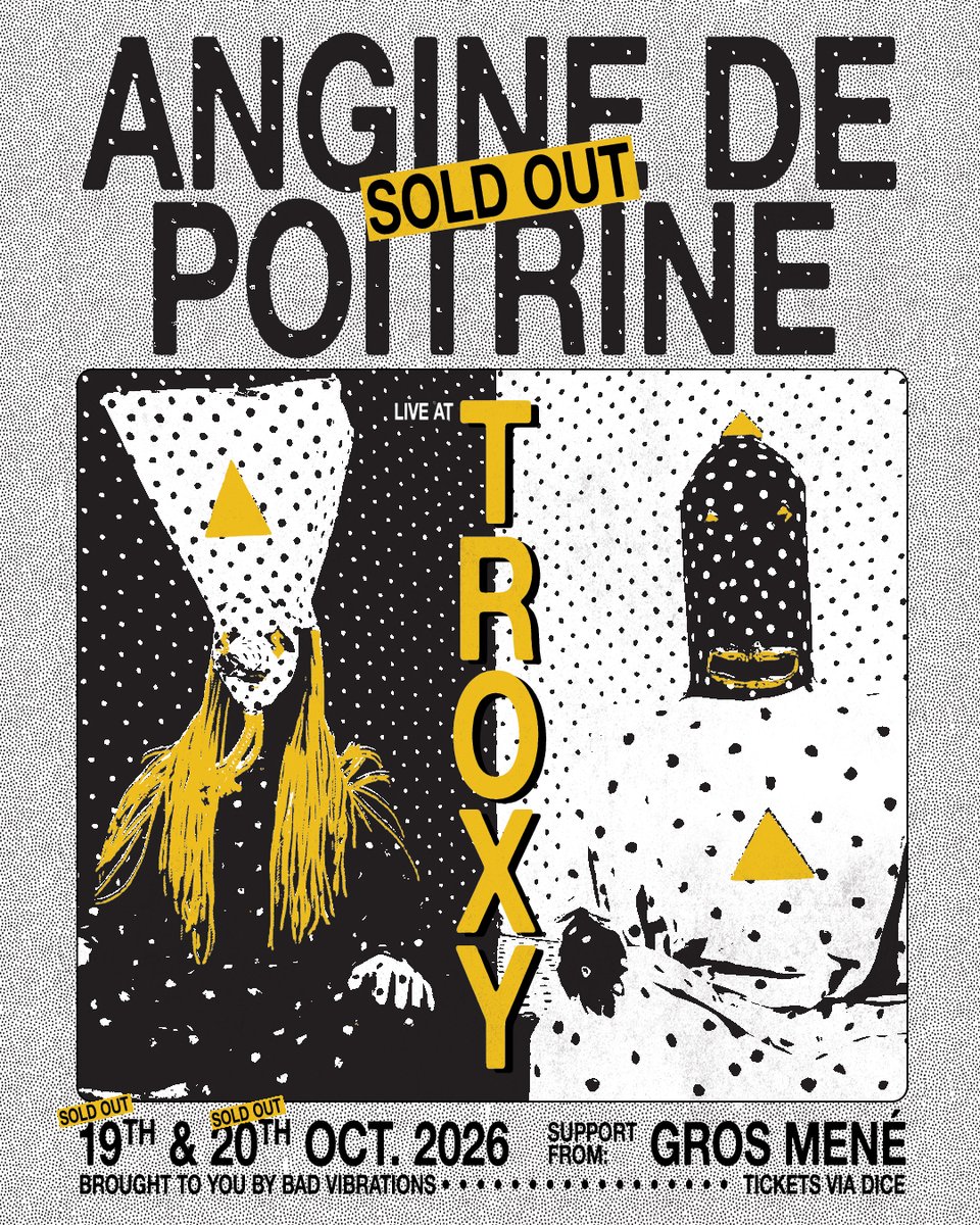 TroxyLondon's tweet photo. Who's excited for Angine De Poitrine? Yeh we're going pretty dotty for both sold-out shows too.

PLUS we're excited to reveal that Gros Mené will be joining as support - Make sure you're signed up to our newsletter for all the latest announcements 
https://t.co/4XSVnr6yMU https://t.co/DRZX0lkSXF