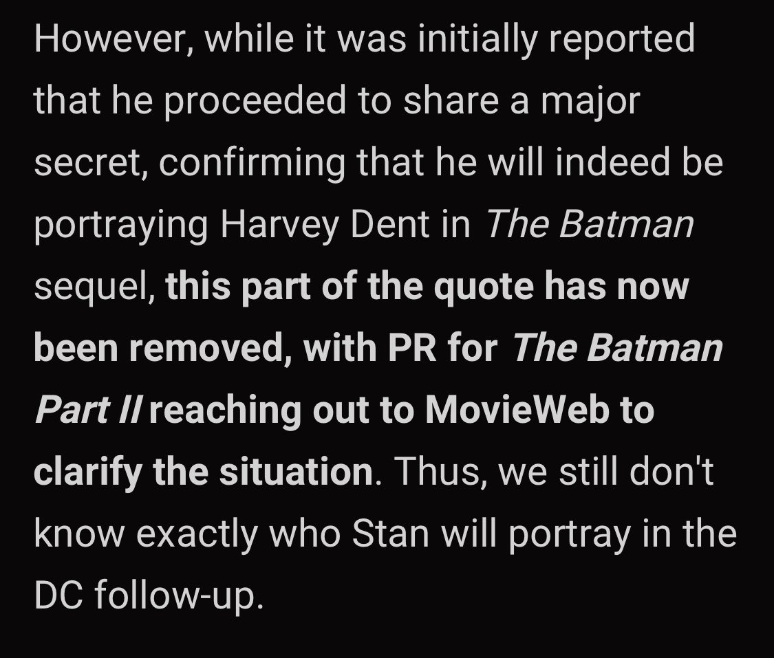 sebstanarchive's tweet photo. Update: ‘The Batman Part II’ PR team reached out to MovieWeb to remove part of the quote from their article. Sebastian’s role in the movie remains undisclosed.

🔗: https://t.co/IZ28zvAMLH https://t.co/PA59ysbJtA