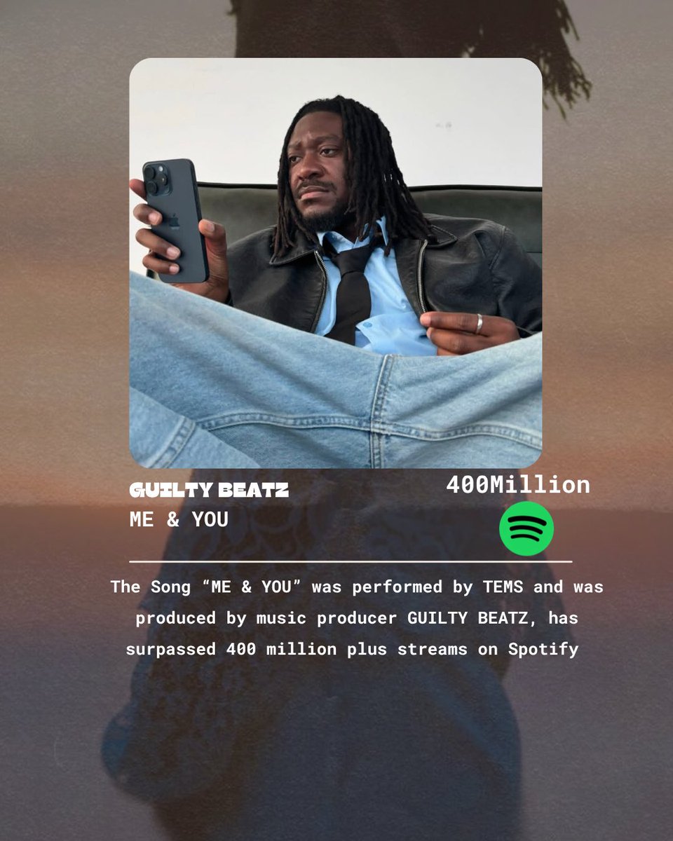 UpdateProducers's tweet photo. JUST IN🚨🥁

"Me &amp; U" produced by @GuiltyBeatz has now crossed 400 MILLION streams on Spotify 🤩🔥 

📝: This becomes his 1st song to surpass the mark on the platform 👏 https://t.co/oGfEO0xk8d