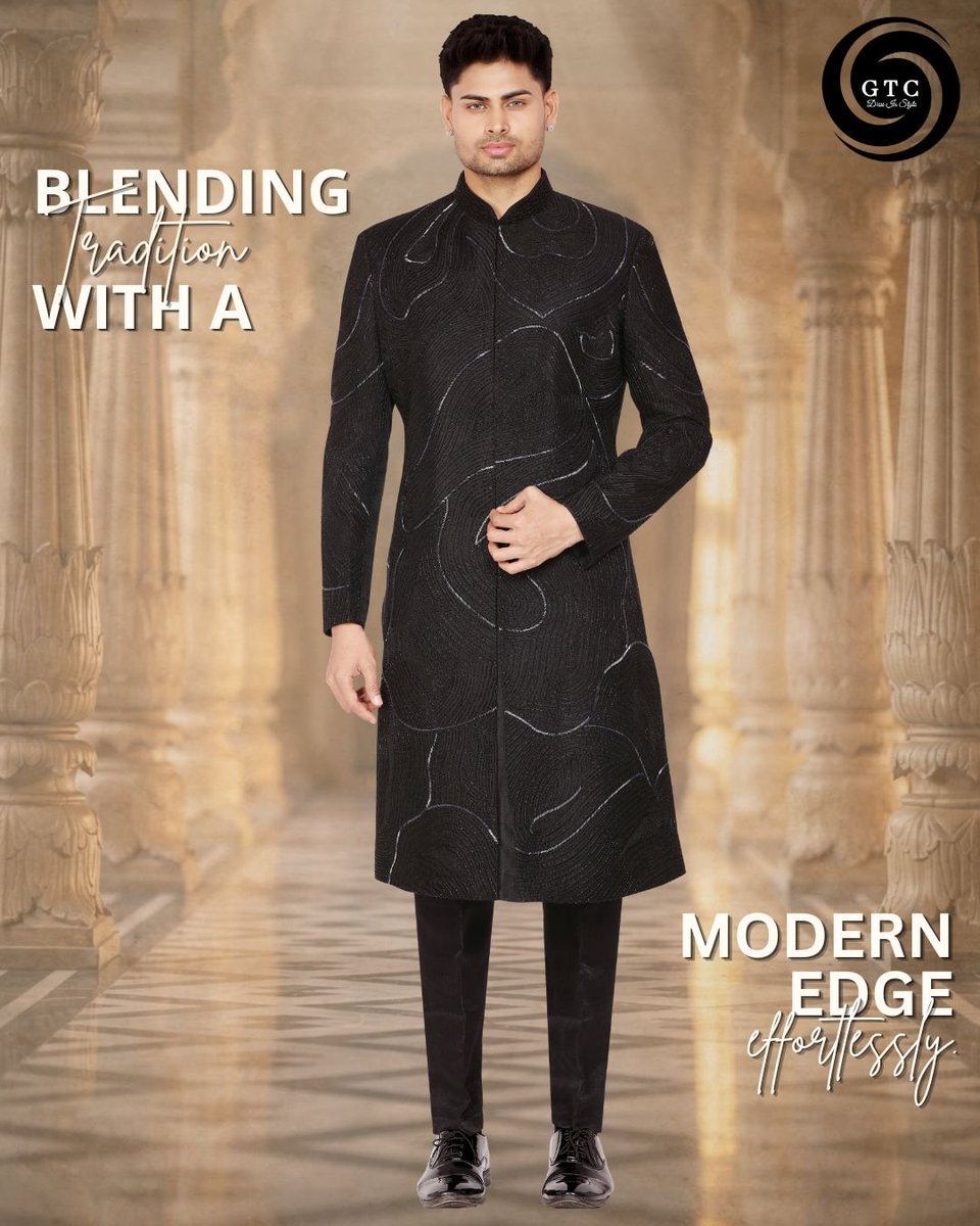 AMBECOLLECTIONS's tweet photo. A sleek statement in contemporary black, this GTC- Indo-Western Sherwani combines meticulous detailing with a sharp modern fit, creating an effortlessly sophisticated ✨

📍 Made-to-Measure
🌍 Worldwide Shipping Available
📩 DM or WhatsApp us on +91 8828128122

#WeddingOutfits https://t.co/ajtgLOTlW3