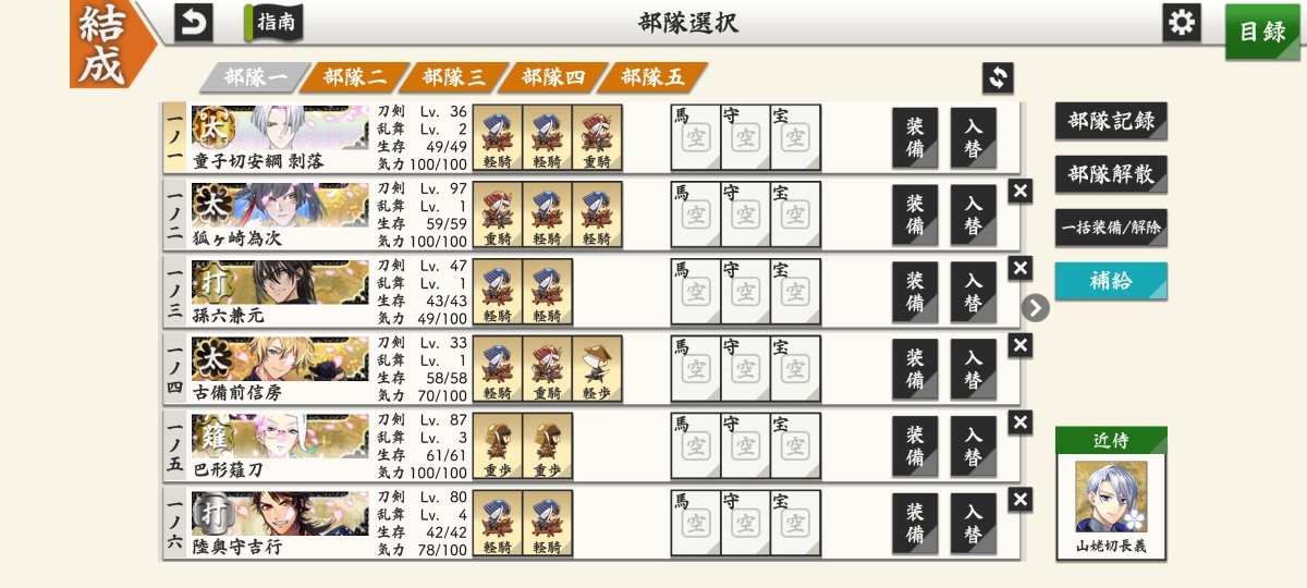 Nanoha_Saniwa's tweet photo. 出遅れた……
とりあえずレベル低い3振り＋高い3振��で出陣。早速剥落と信房くんの刀装が剥がれました。伸び代しかないね👍🏻 https://t.co/86Jkt3FECs