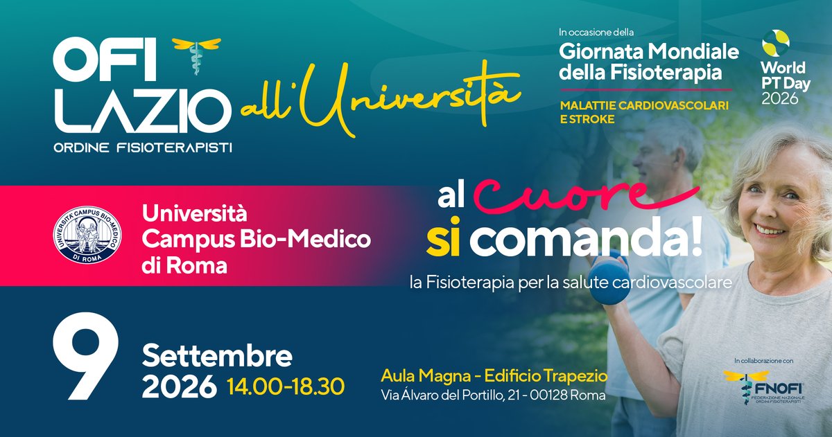 ofilazio's tweet photo. 📷 Il 9 settembre #OFILazio sarà all’Università Campus Bio-Medico di Roma per la #GiornataMondialeDellaFisioterapia.

Un pomeriggio dedicato a salute cardiovascolare, stroke e futuro della professione.

📷 Salva la data e seguici per gli aggiornamenti! https://t.co/uQ4SxQ3Hyb