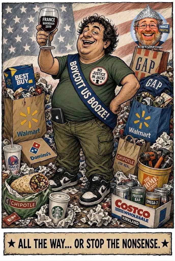 TruthFringe's tweet photo. While you Elbowzos boycott US booze with your elbows raised high, better go all the way or stop with the nonsense. ​
Here’s a list:
-7-Eleven
​-Alamo Rent A Car
​-American Eagle Outfitters / Aerie
​-Apple Store
​-AutoZone
​-Banana Republic
​-Bath & Body Works
​-Best Buy
​-Burger King
​-Carhartt
​-Chick-fil-A
​-Chipotle Mexican Grill
​-Cinnabon
​-Costco
​-Crate & Barrel / CB2
​-Dairy Queen
​-Denny’s
​-Dollar Rent A Car
​-Dollar Tree
​-Domino’s Pizza
​-Eddie Bauer
​-Enterprise Rent-A-Car
​-Five Guys
​-Foot Locker / Champs Sports
​-Fossil
​-GameStop
​-Gap / Gap Outlet
​-Hertz
​-IHOP
​-KFC
​-Krispy Kreme
​-L.L.Bean
​-Levi’s
​-Little Caesars
​-Marshalls
​-McDonald’s
​-National Car Rental
​-Nike Store
​-Old Navy
​-Pizza Hut
​-Popeyes Louisiana Kitchen
​-Pottery Barn / Pottery Barn Kids
​-Sephora
​-Skechers
​-Staples
​-Starbucks
​-Subway
​-Taco Bell
​-The Home Depot
​-Thrifty Car Rental
​-TJ Maxx
​-Ulta Beauty
​-Under Armour
​-Vans
​-Victoria’s Secret / PINK
​-Walmart
​-Wendy’s
​-West Elm
​-Whole Foods Market
​-Williams-Sonoma

Go all the way or what’s the point?

#ElbowsUp💪
#cdnpoli🍁