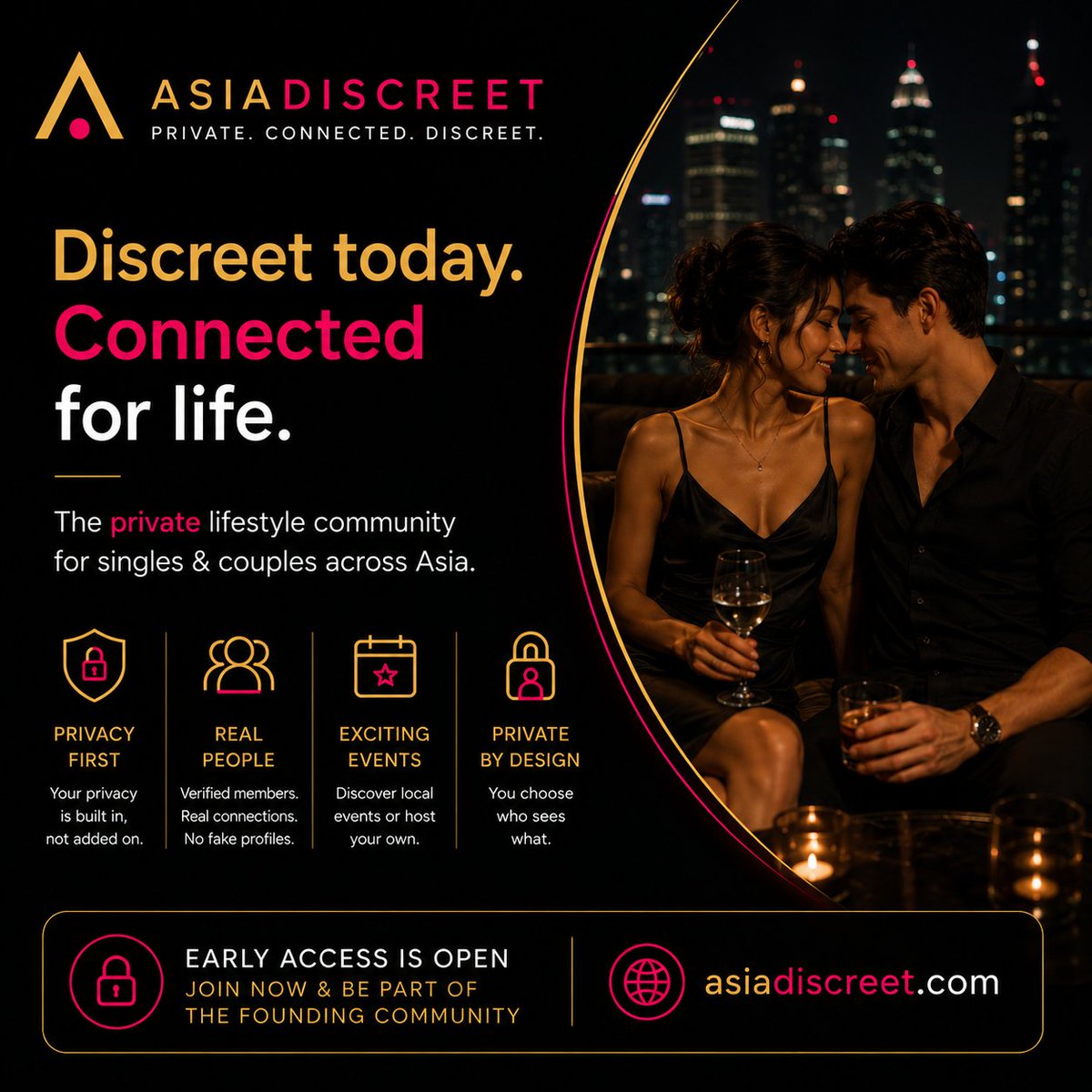 AsiaDiscreet's tweet photo. Bangkok. Bali. Singapore. Hong Kong. Jakarta. Manila. 🌏
Open-minded people are everywhere.
Finding each other discreetly is the difficult part.
We're building a better way.
🔐 Private by design
✨ Built for real connections
🌏 Built for Asia
Early access is open ↓
https://t.co/9zdLnEc3Vj
#ENM #OpenRelationship