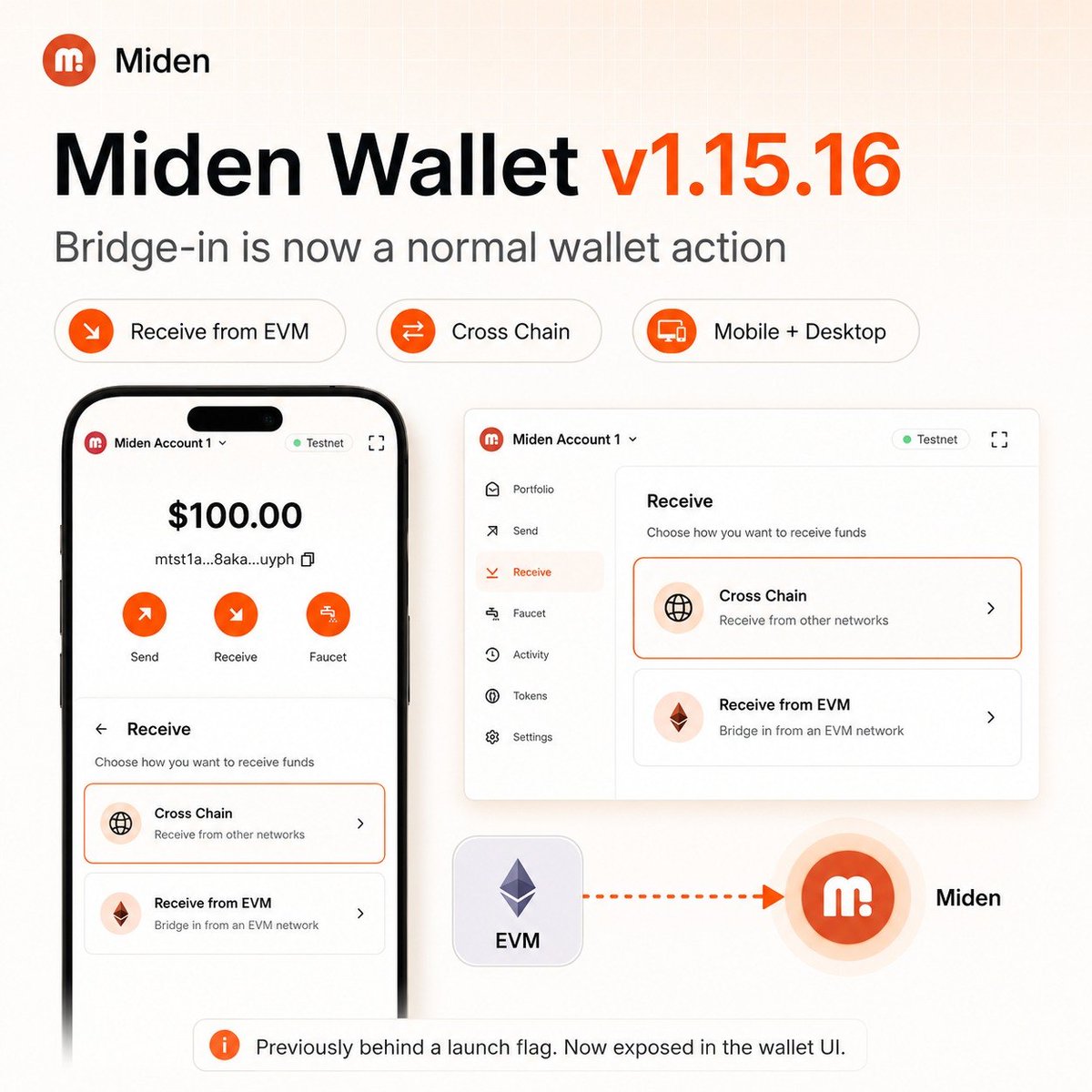 chainrecap's tweet photo. 1/5
In @0xMiden Wallet v1.15.16, bridge-in became a normal wallet action.
“Receive from EVM” was exposed on mobile and desktop, moving cross-chain deposits from a launch-gated flow into the user-facing wallet. https://t.co/3oCK9sg7l9