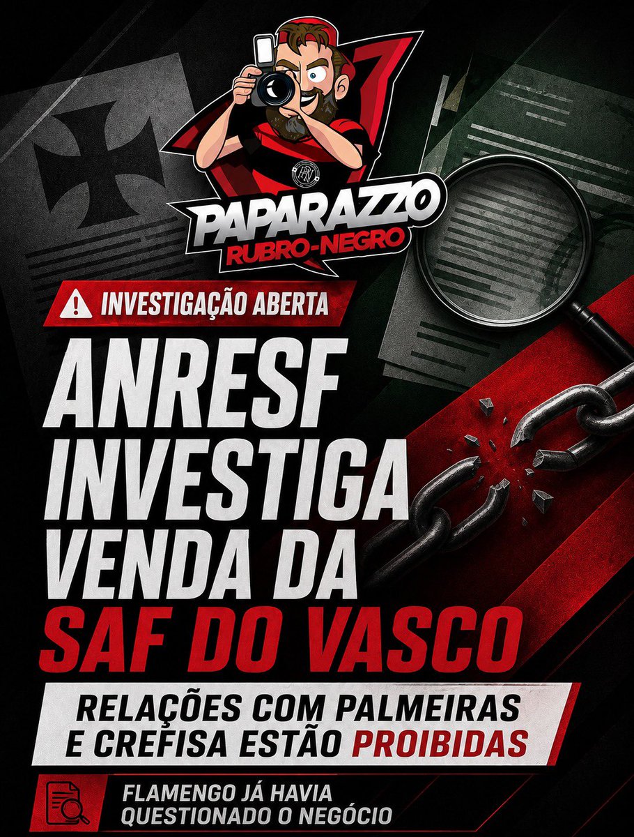 PapaRubroNegro's tweet photo. A Anresf abriu um procedimento formal para investigar um possível conflito de propriedade na venda da SAF do Vasco para Marcos Lamacchia, enteado de Leila Pereira, presidente do Palmeiras. A agência vai apurar se a relação familiar pode representar controle ou influência sobre dois clubes, algo proibido pelo artigo 86 do regulamento de Fair Play Financeiro.

Enquanto a investigação estiver em andamento, o Vasco está proibido de manter relações comerciais com o Palmeiras e com a Crefipar, conglomerado que inclui a Crefisa. Com isso, o clube não poderá negociar atletas, compartilhar estrutura com o Palmeiras ou tomar novos empréstimos da Crefisa. A empresa emprestou R$ 80 milhões ao Vasco em 2025 e também aparece como garantidora no acordo de investimento com Lamacchia.

A Anresf ainda não definiu se existe, de fato, um conflito. A decisão será tomada após a conclusão do procedimento, que envolve Vasco, Palmeiras, Almirante Participações e Crefipar.

📸 Divulgação