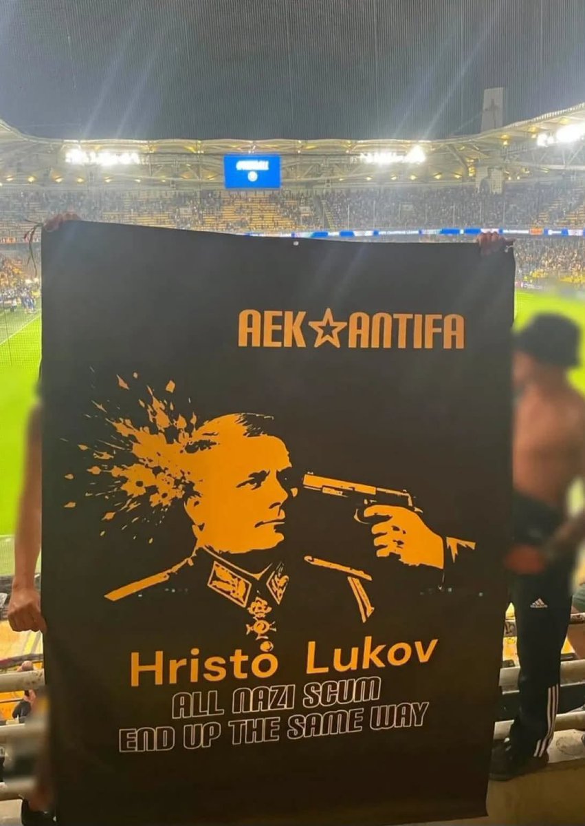 ultras_antifaa's tweet photo. AEK’s antifascist ultras displayed a banner against Hristo Lukov, one of the key figures of Bulgarian fascism, during the match against Levski Sofia.

Lukov was one of the leading far-right and fascist figures in 20th-century Bulgaria. With close ties to Nazi Germany, Lukov is today embraced as a symbol by neo-nazi circles in Bulgaria.