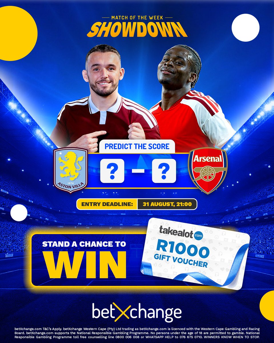 betXchange's tweet photo. ⚽ Aston Villa vs Arsenal - MATCH OF THE WEEK
Call the exact score before kick-off and stand a chance to WIN. 🤑
 
✅ Comment with your exact score prediction (e.g. Aston Villa 1-3 Arsenal)
✅ Tag 2 friends
✅ Like the post
 
Only those who follow all steps and prediction structure will be eligible. Closes 31 August at 21:00. T&Cs Apply.