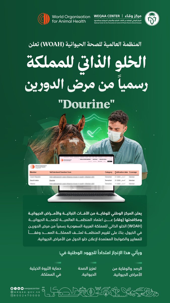 WeqaaCenter's tweet photo. أعلنت المنظمة العالمية للصحة الحيوانية (WOAH) اعتماد الخلو الذاتي للمملكة رسمياً من مرض #االدورين في الخيول، في إنجاز يعكس جهود مركز #وقاء في تعزيز الصحة الحيوانية. https://t.co/exyslXtSjq