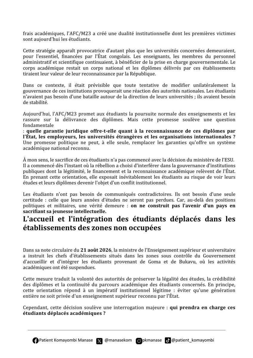 manasekom's tweet photo. Entre les décisions de Kinshasa et les ambitions de l'AFC/M23, 
la jeunesse estudiantine est sacrifiée.

Tribune de Patient Komayombi Manase , Activiste prodémocratie et Défenseur des droits humains https://t.co/7T1CTSpN7w