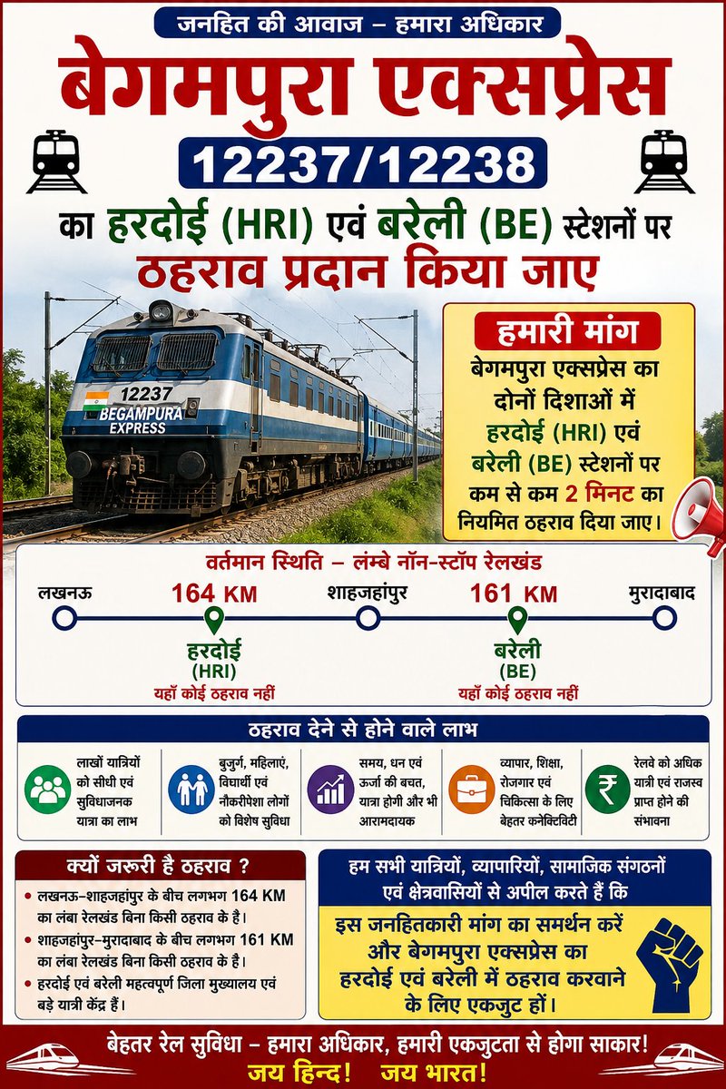 P_Bhupender's tweet photo. @AshwiniVaishnaw @RailMinIndia @RailwayNorthern @drm_lko @drm_mb @MpJaiprakash @CPSGangwarBJP 
माननीय रेल मंत्री जी, 12237/12238 बेगमपुरा एक्सप्रेस का हरदोई (HRI) एवं बरेली (BE) में दोनों दिशाओं में कम से कम 2 मिनट का ठहराव प्रदान किया जाए। https://t.co/Yiz9etO2V7